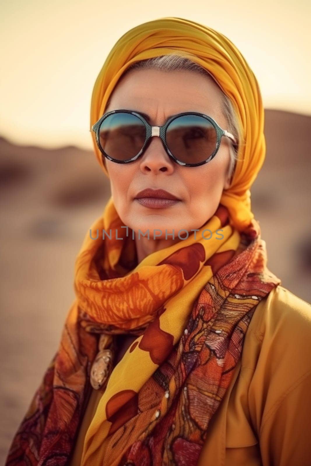 A 50-year-old Middle Eastern woman is being portrayed in a vast desert landscape. (generative AI)