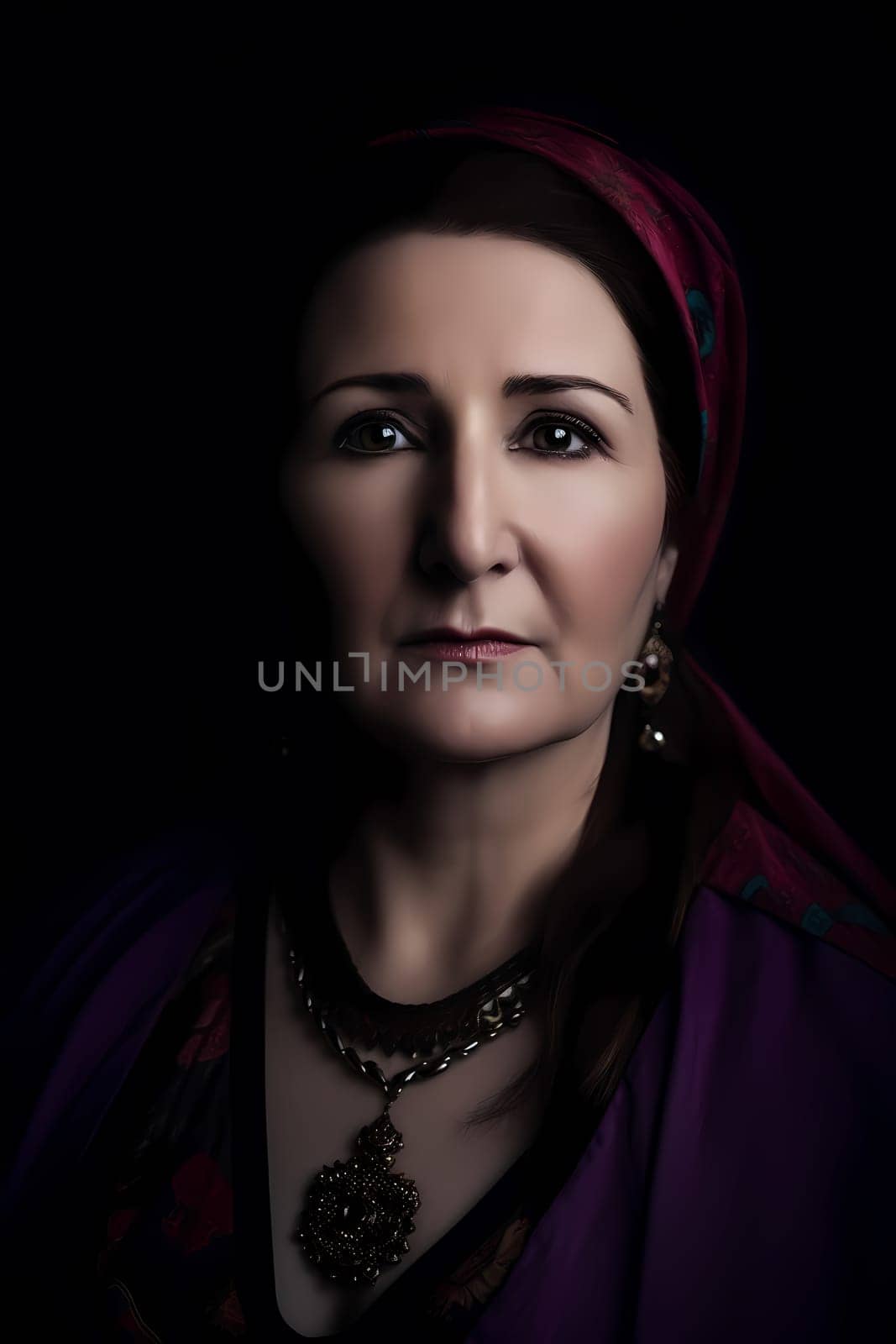 50-year-old Middle Eastern woman beams with a smile as she shops in a vibrant spice market. (generative AI)