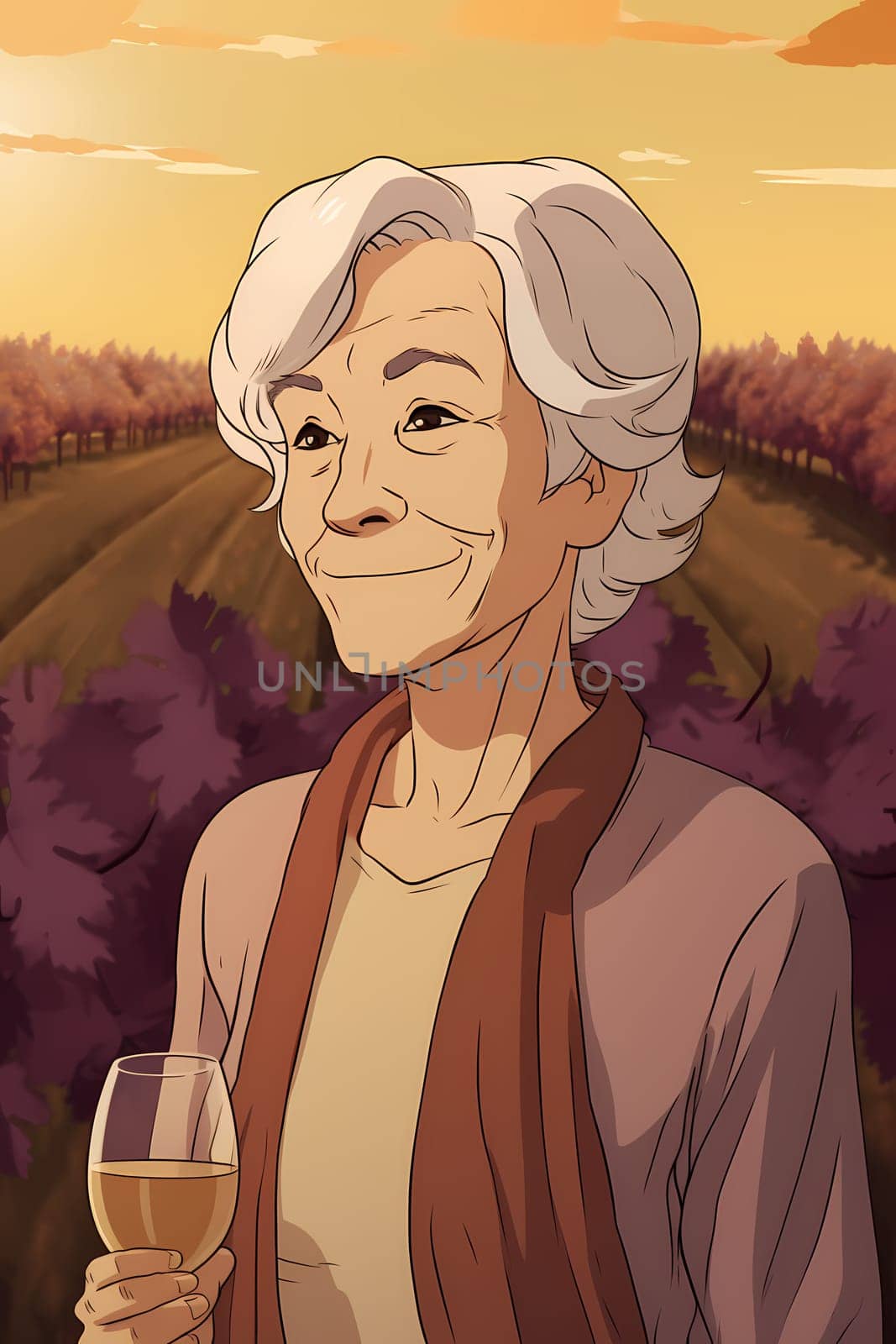 A 60-year-old Caucasian woman holds a bunch of ripe grapes in a lush vineyard under a blue sky. (generative AI)
