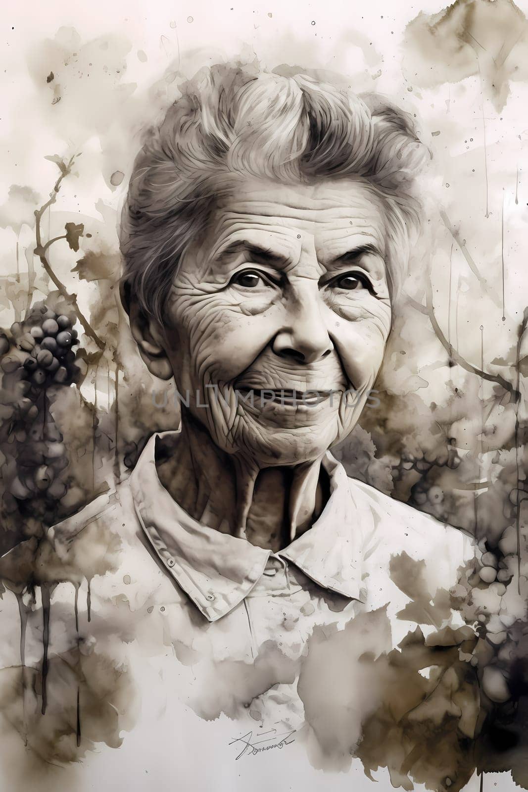 A 60-year-old Caucasian woman holds a bunch of ripe grapes in a lush vineyard under a blue sky. (generative AI)
