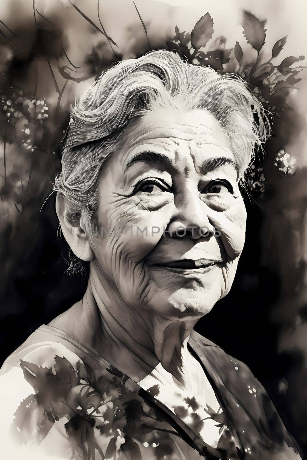 A 60-year-old Latina woman is being portrayed in a lush garden. (generative AI)