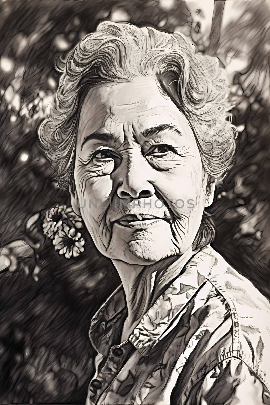 A 60-year-old Latina woman is being portrayed in a lush garden. (generative AI)