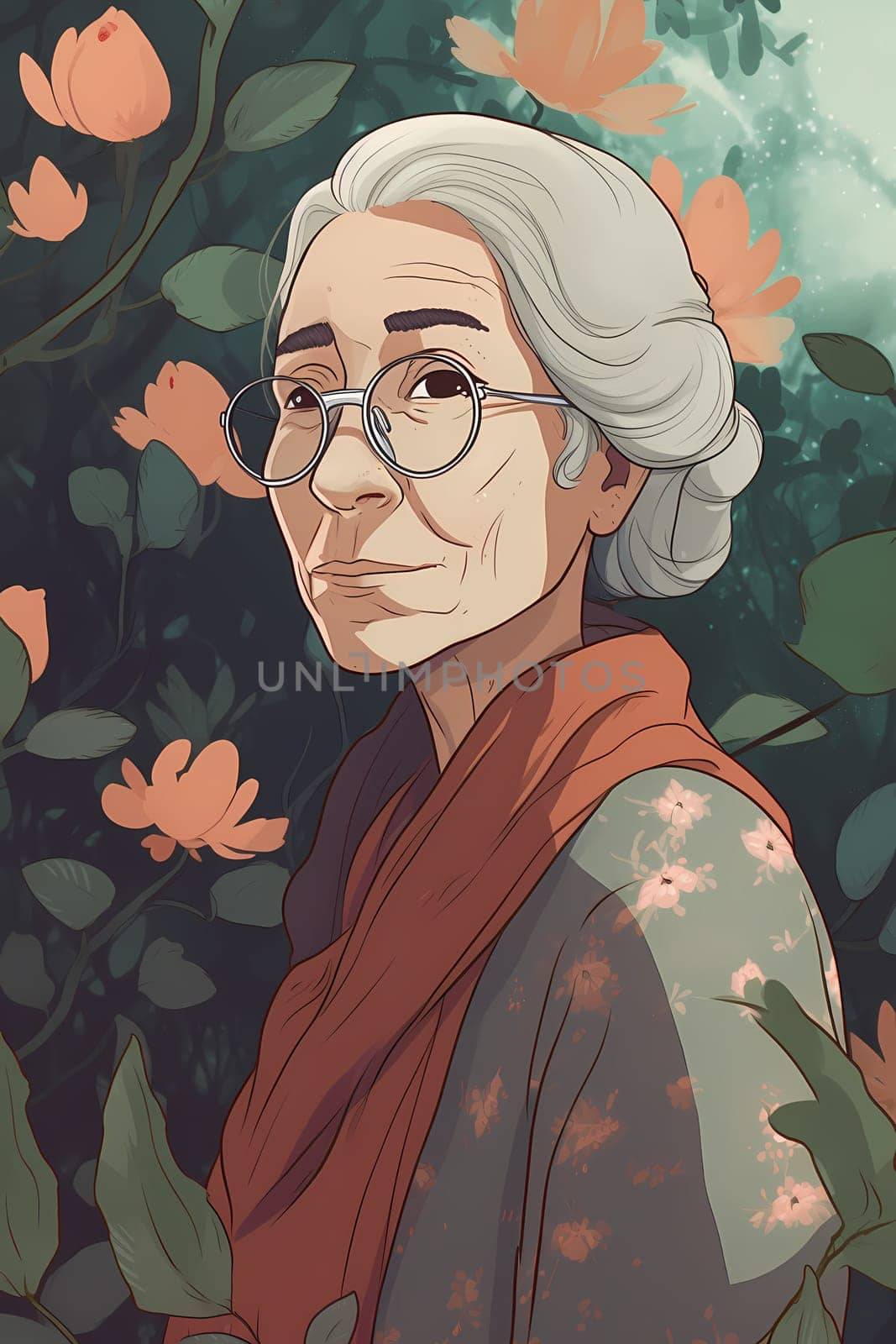 A 60-year-old Latina woman is being portrayed in a lush garden. (generative AI)