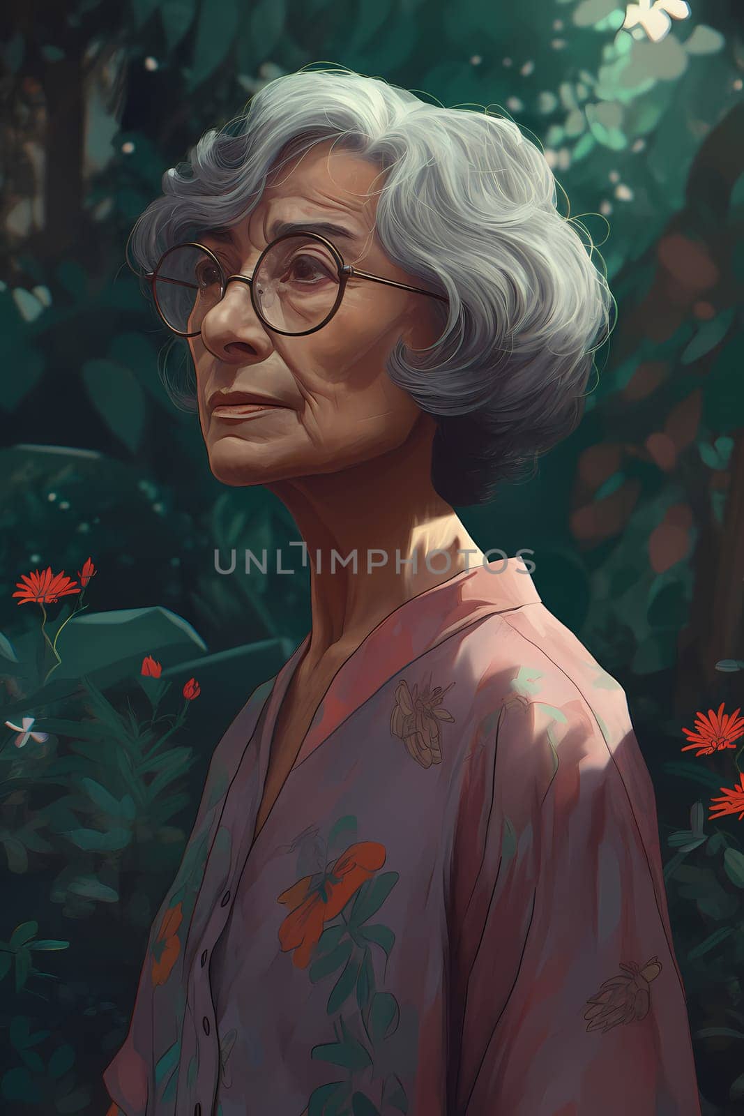 A 60-year-old Latina woman is being portrayed in a lush garden. (generative AI)
