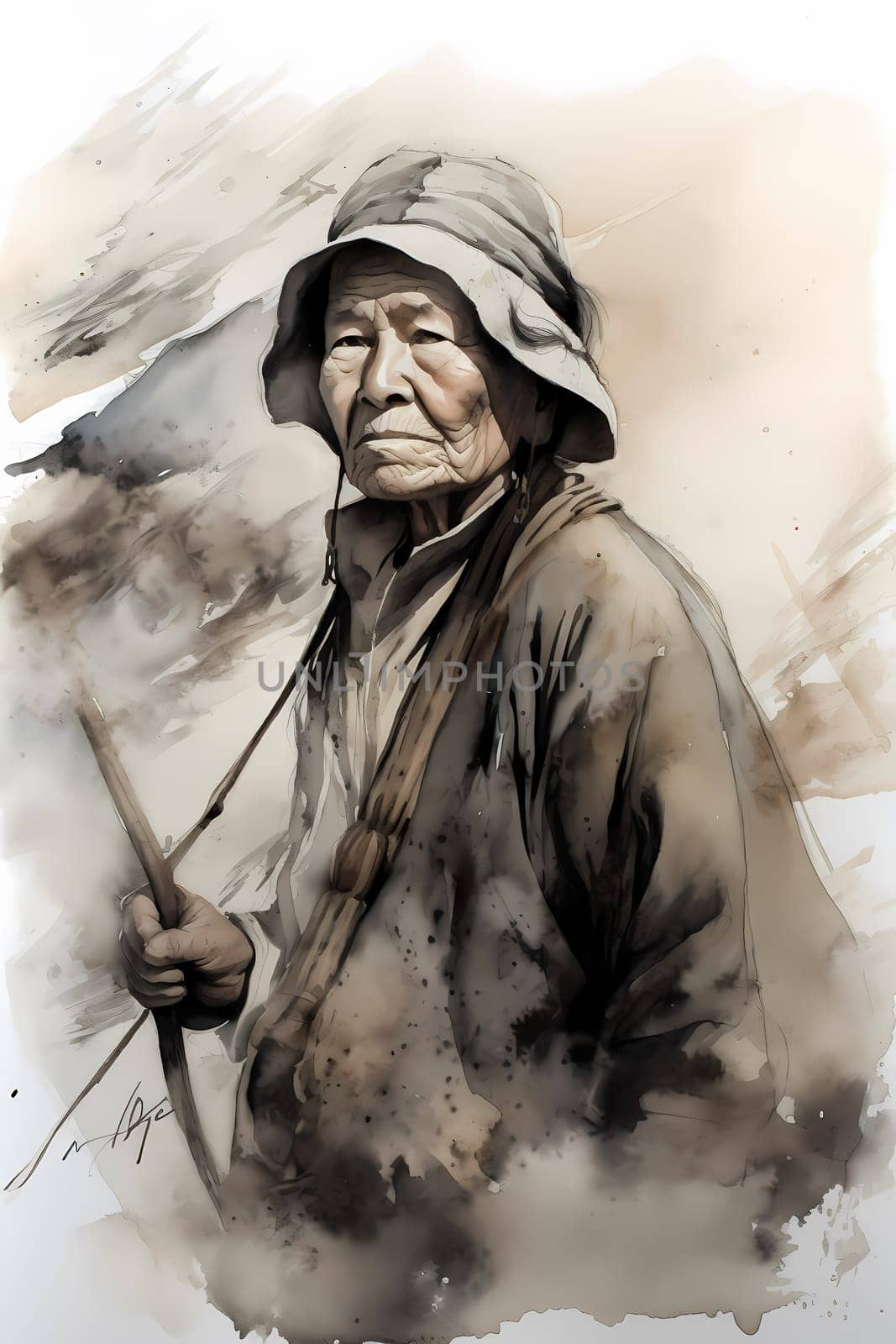 60-year-old Native Alaskan woman skillfully fishes for salmon in a pristine river. (generative AI)