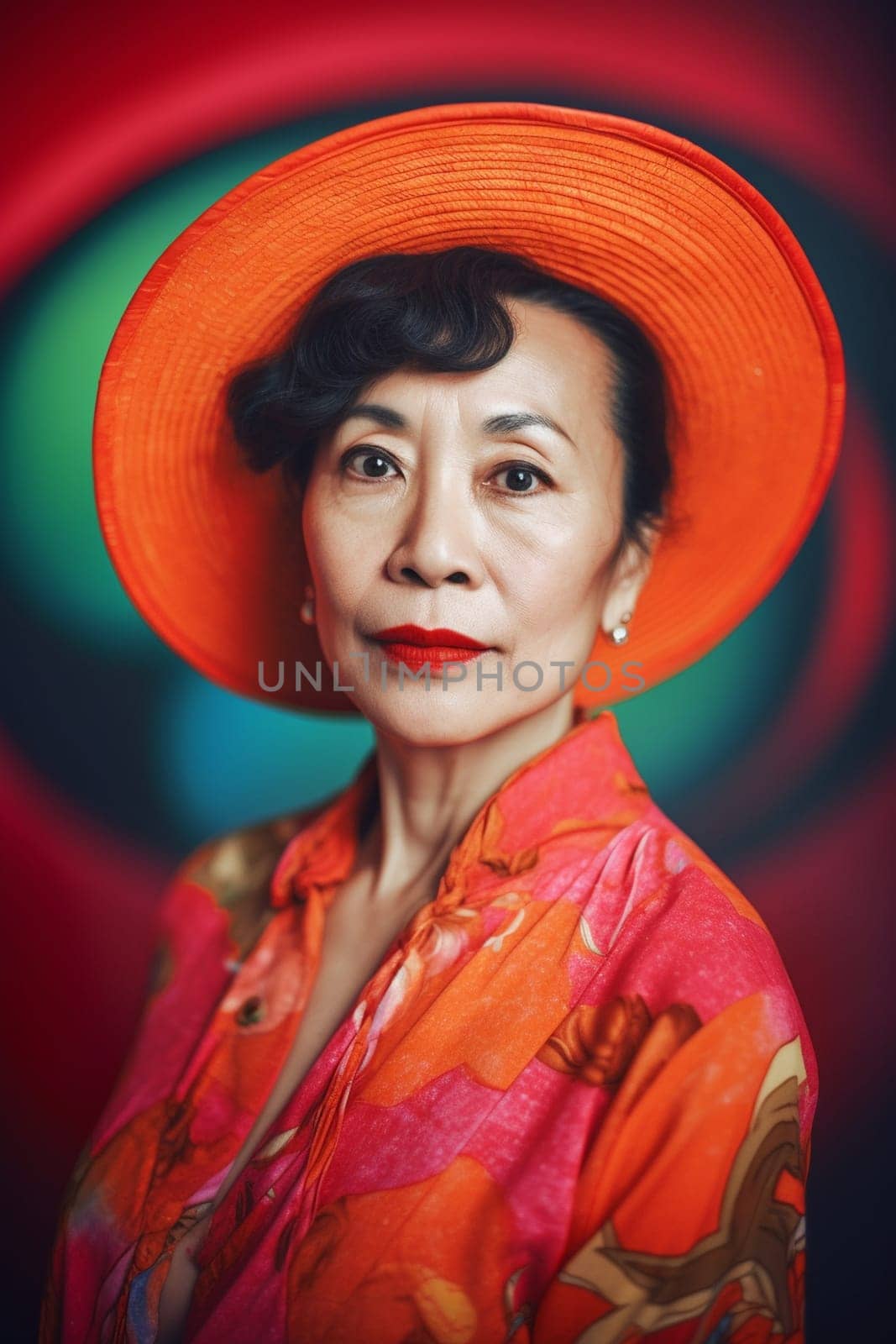 A 50 years old Asian woman is being portrayed in an elegant museum. (generative AI)