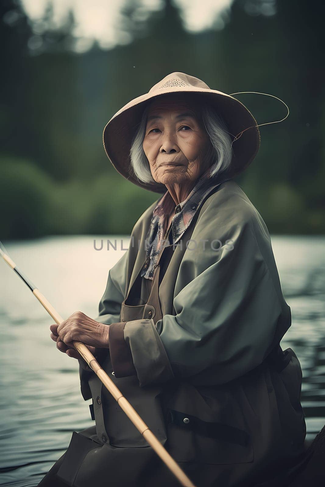 60-year-old Native Alaskan woman skillfully fishes for salmon in a pristine river. (generative AI)