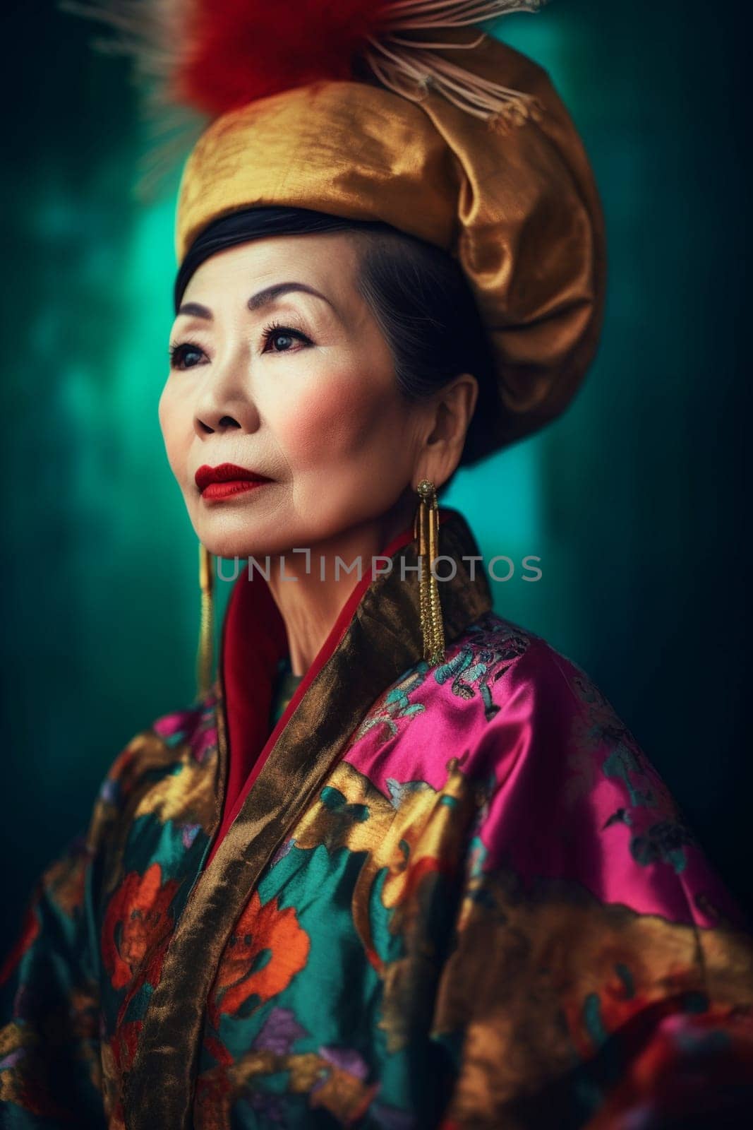 A 50 years old Asian woman is being portrayed in an elegant museum. (generative AI)
