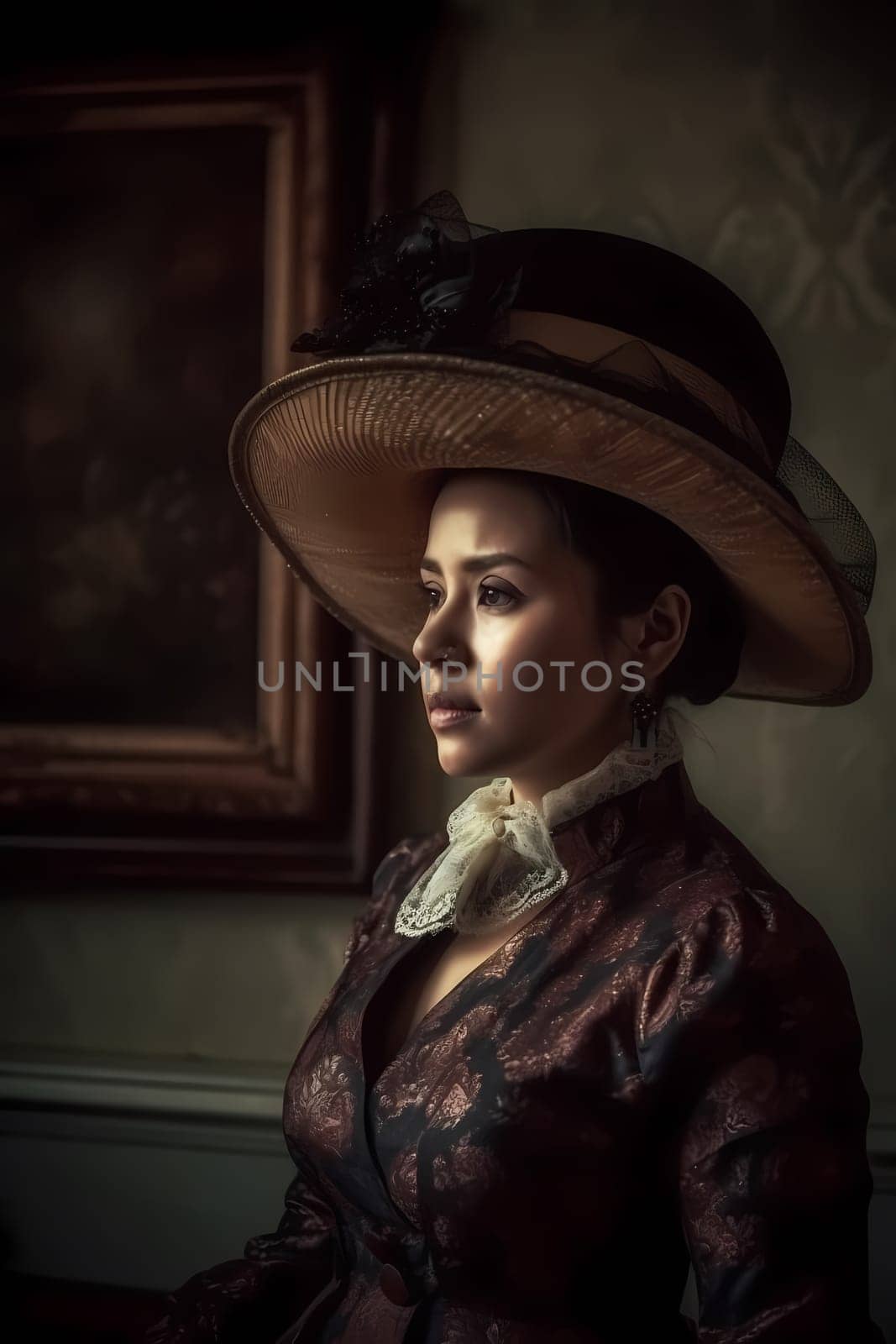 A 50 years old Asian woman is being portrayed in an elegant museum. (generative AI)