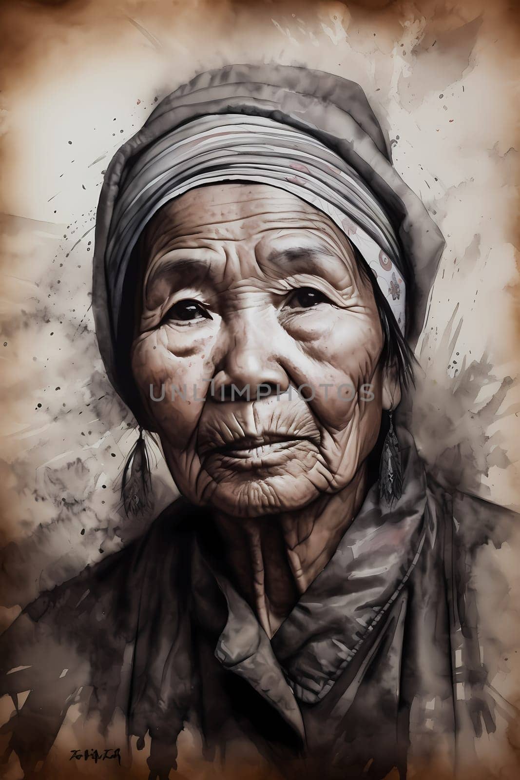 A 50 years old Asian woman is being portrayed in an elegant museum. (generative AI)