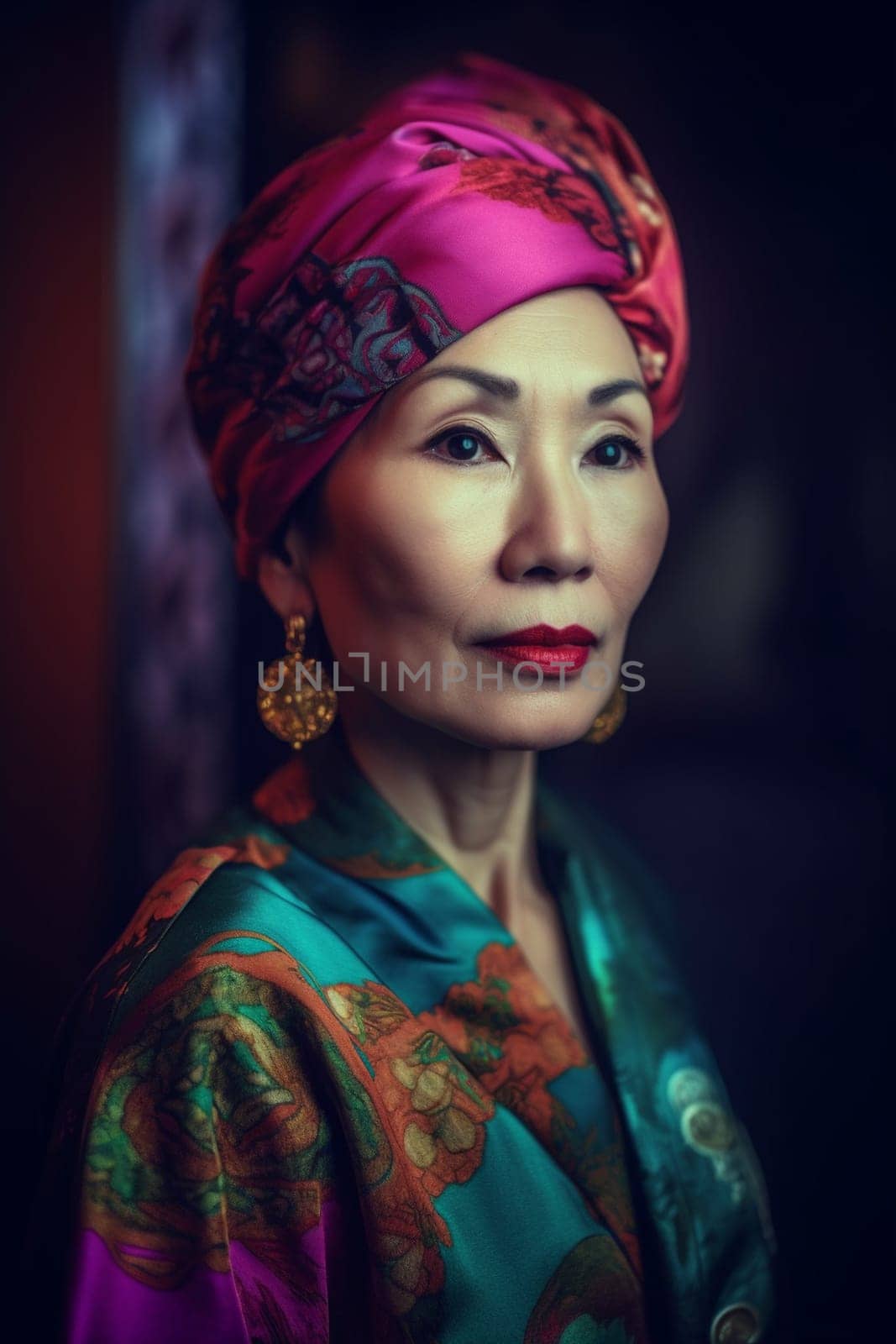 A 50 years old Asian woman is being portrayed in an elegant museum. (generative AI)