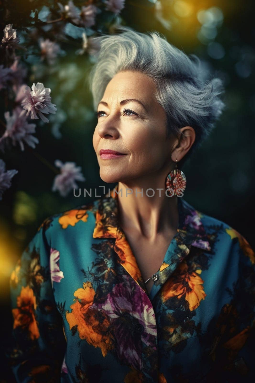 A 50 years old Caucasian woman being portrayed in a garden Surrounded by flowers and smelling a rose. (generative AI)