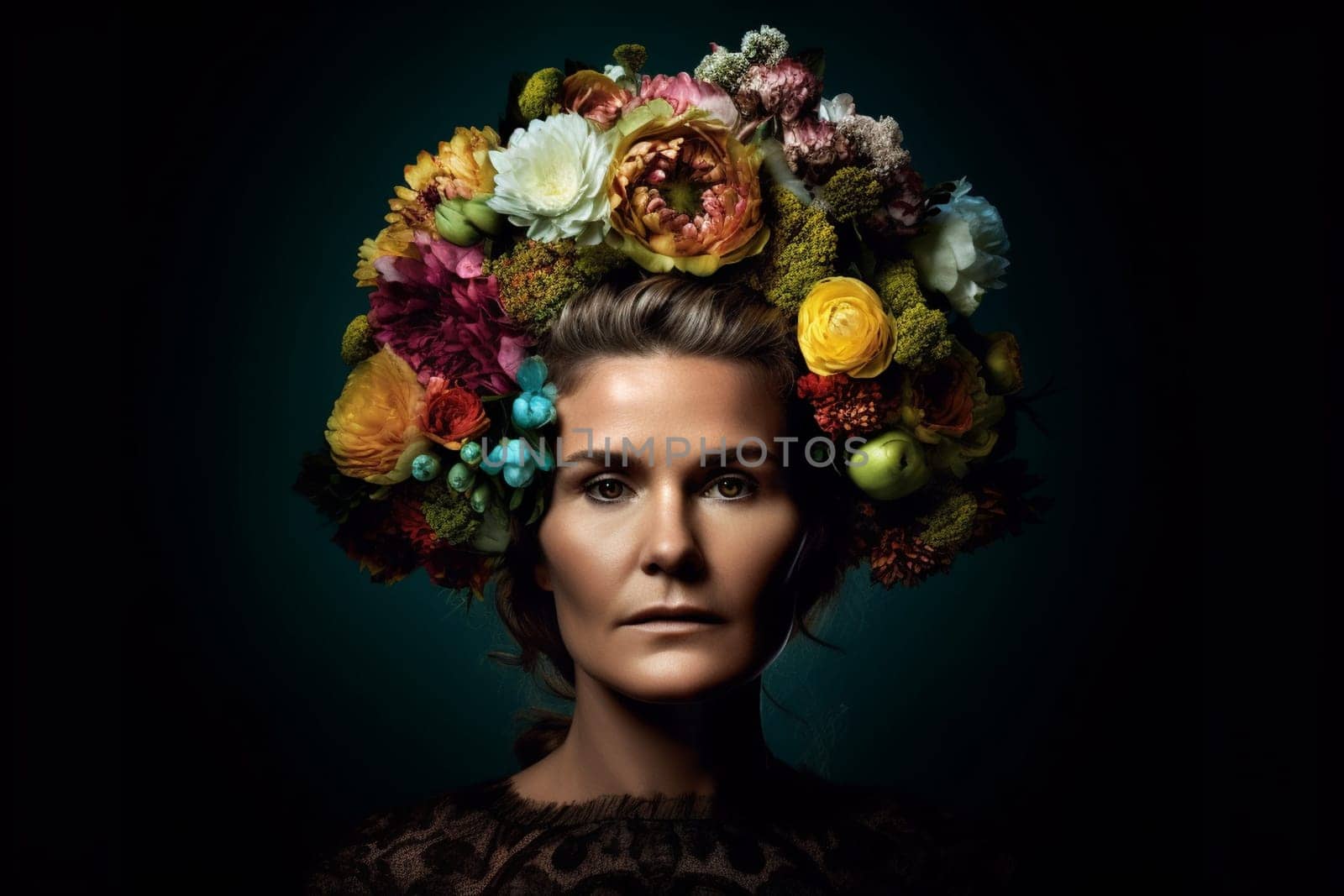 A 50 years old Caucasian woman being portrayed in a garden Surrounded by flowers and smelling a rose. (generative AI)