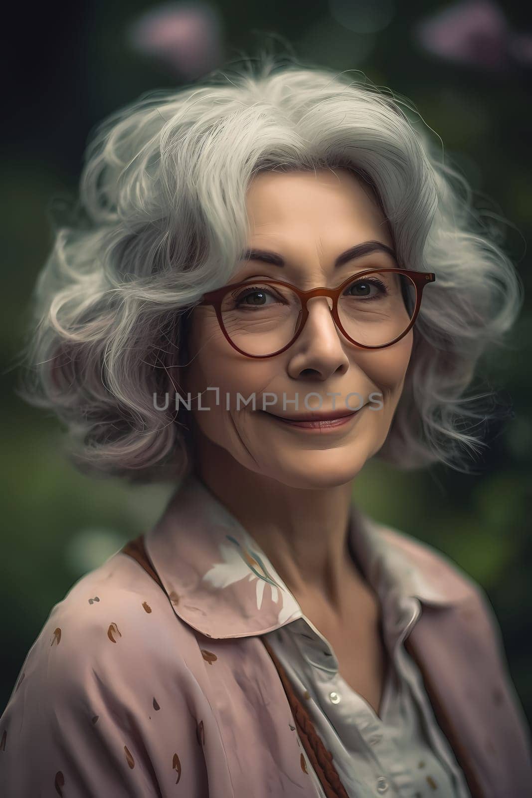 A 50 years old Caucasian woman being portrayed in a garden Surrounded by flowers and smelling a rose. (generative AI)