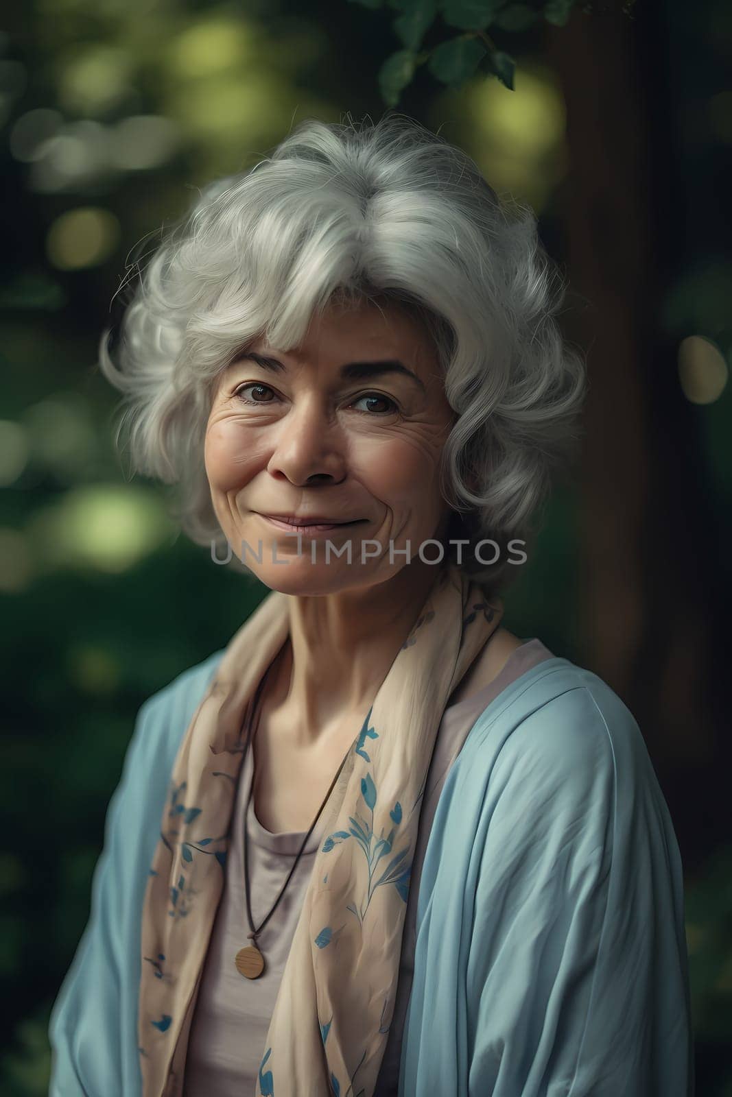 A 50 years old Caucasian woman being portrayed in a garden Surrounded by flowers and smelling a rose. (generative AI)