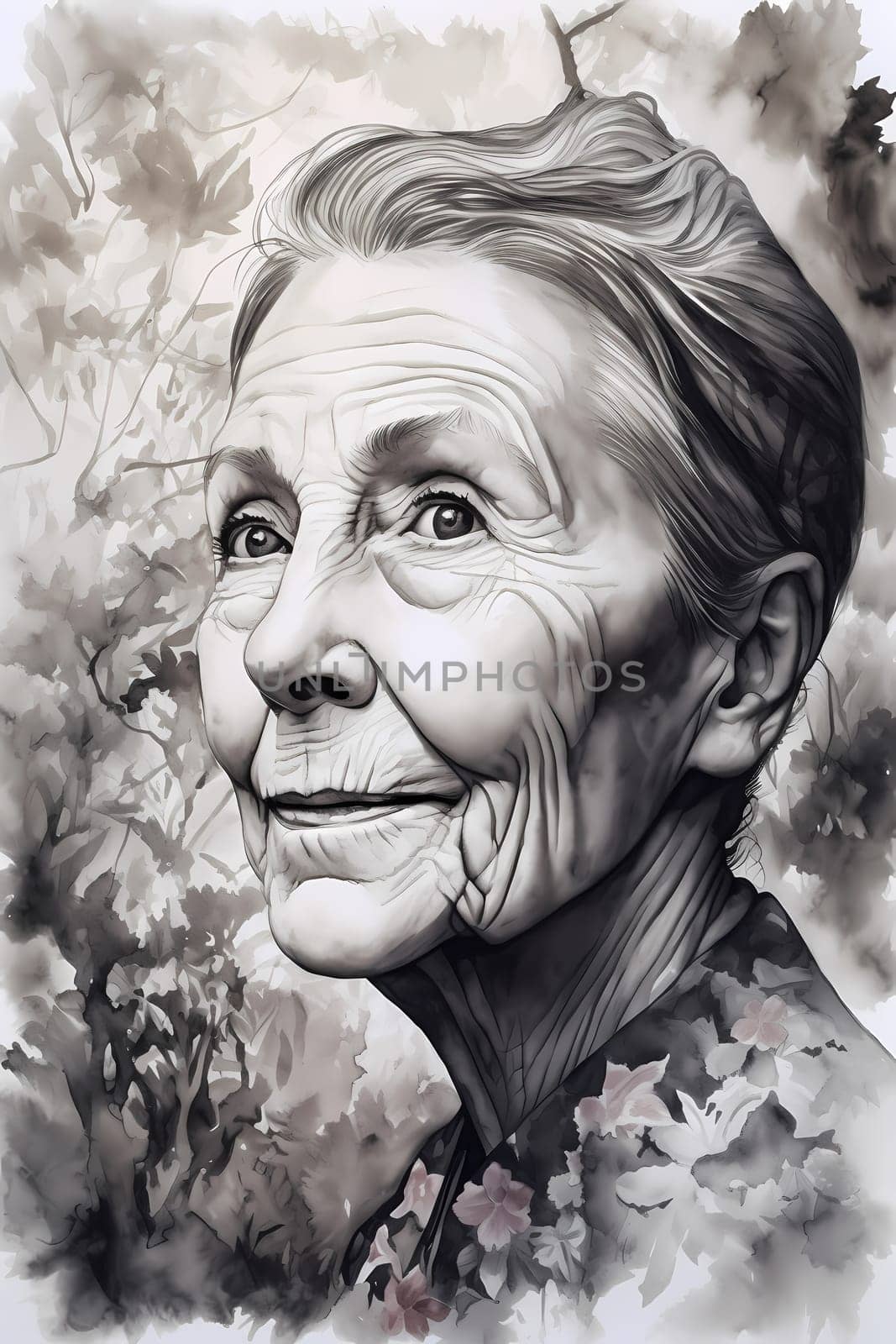 A 50 years old Caucasian woman being portrayed in a garden Surrounded by flowers and smelling a rose. (generative AI)