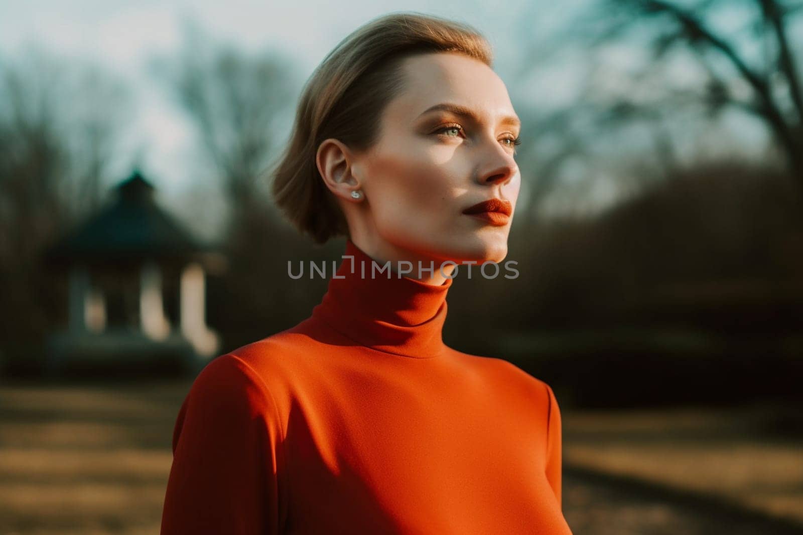 A serene Asian woman of 26 years old is captured walking in a tranquil park with greenery surrounding her. (generative AI)