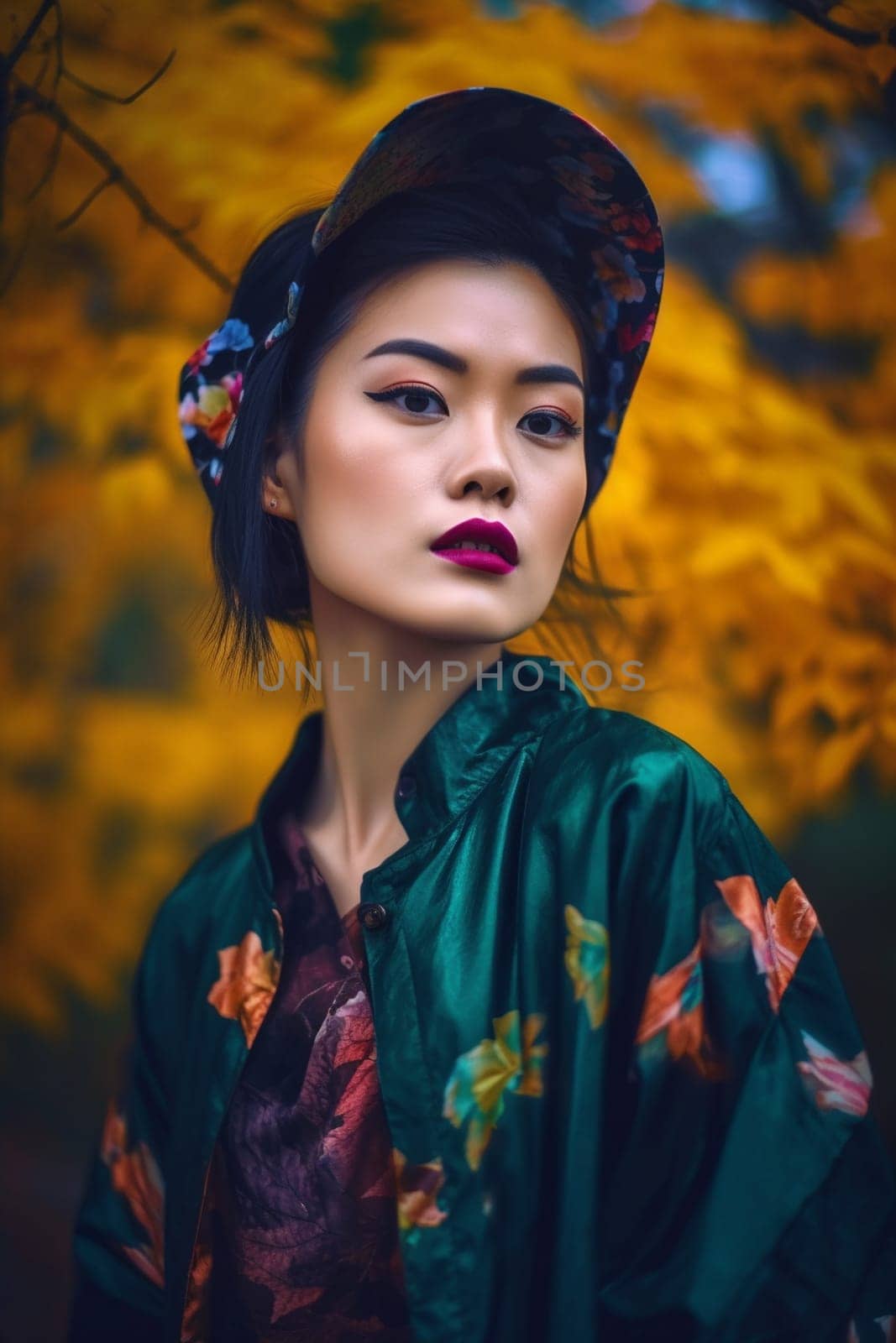 A serene Asian woman of 26 years old is captured walking in a tranquil park with greenery surrounding her. (generative AI)