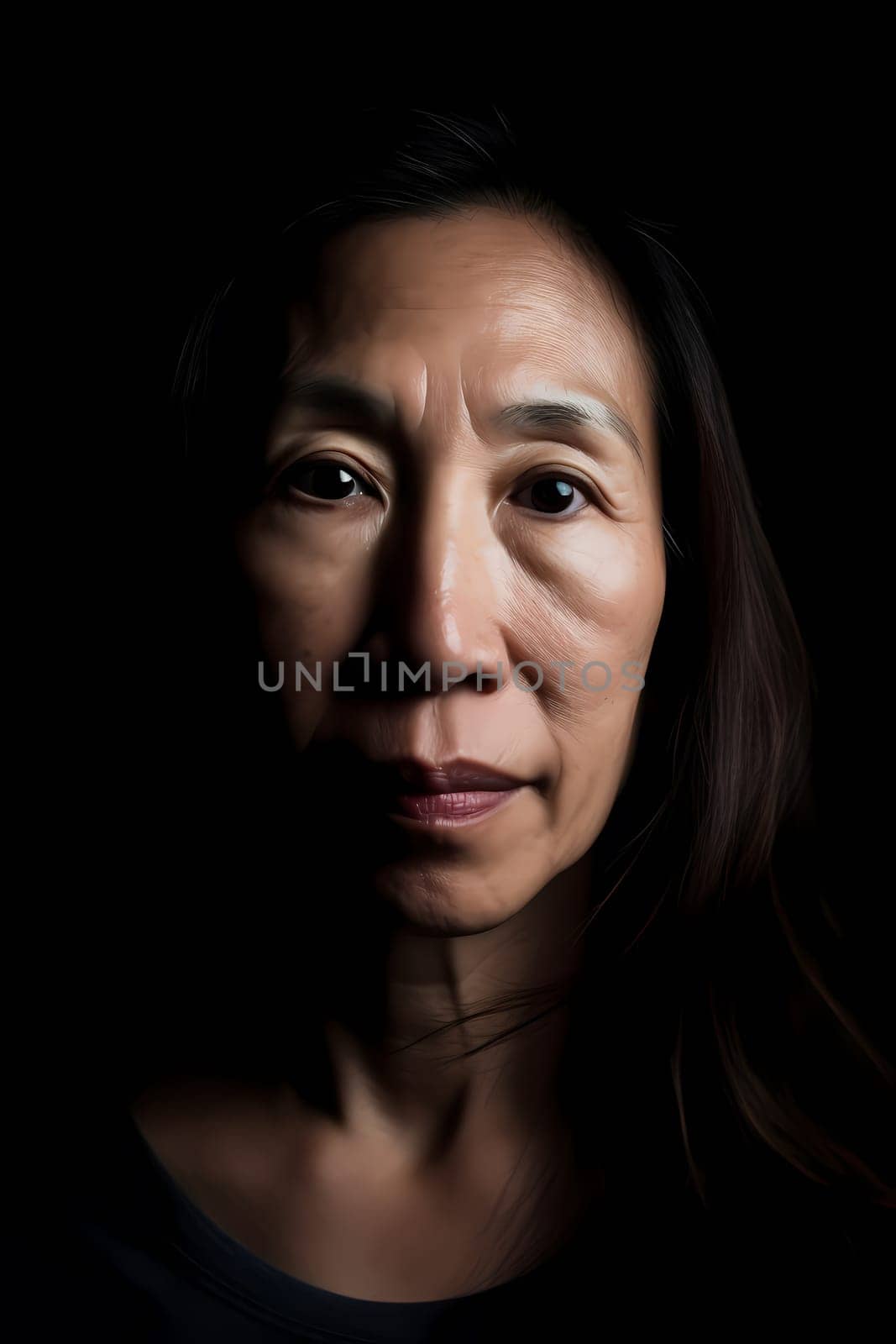 A 50 years old Asian woman is being portrayed in an elegant museum. (generative AI)