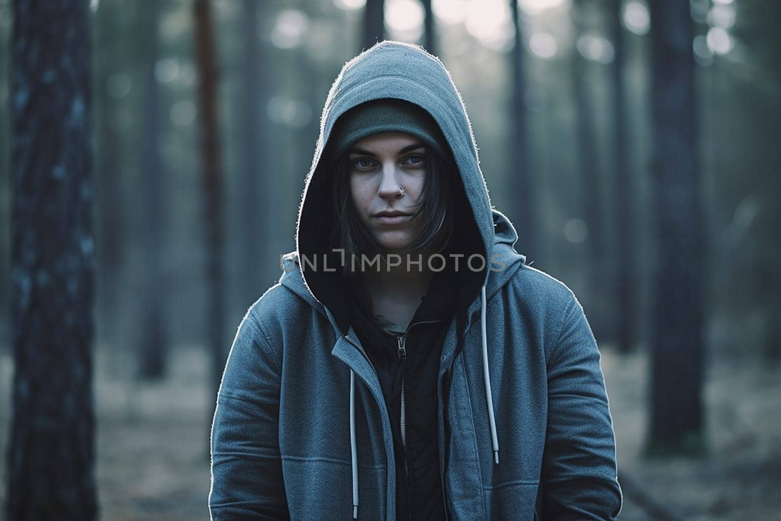 A 70-year-old European woman is being portrayed in a snowy forest. (generative AI)