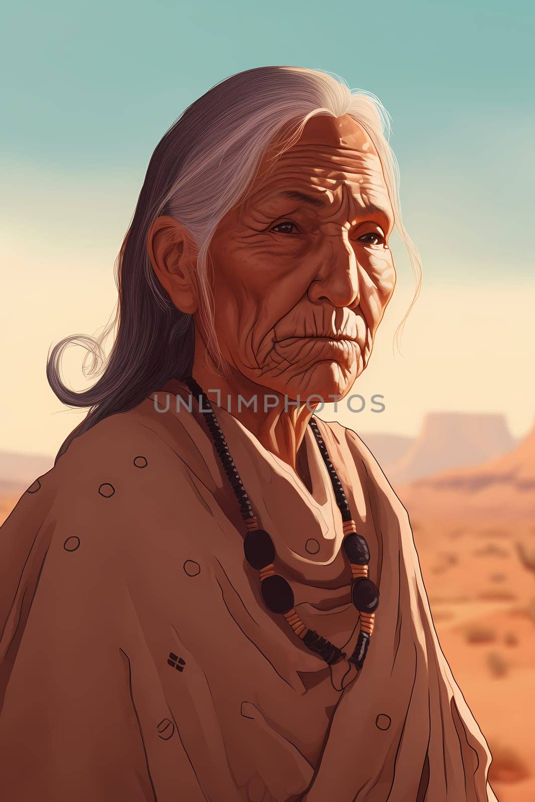 A 60-year-old Native American woman is being portrayed in a beautiful desert landscape. (generative AI)