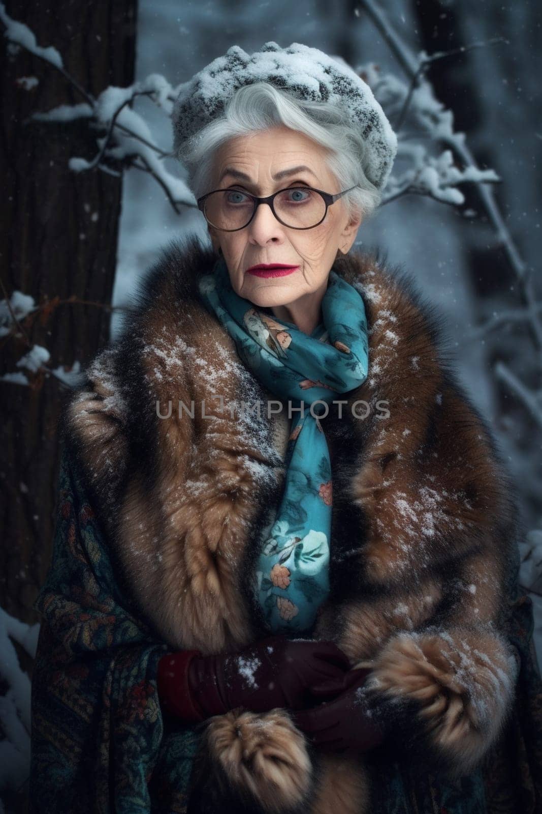 A 70-year-old European woman is being portrayed in a snowy forest. (generative AI)