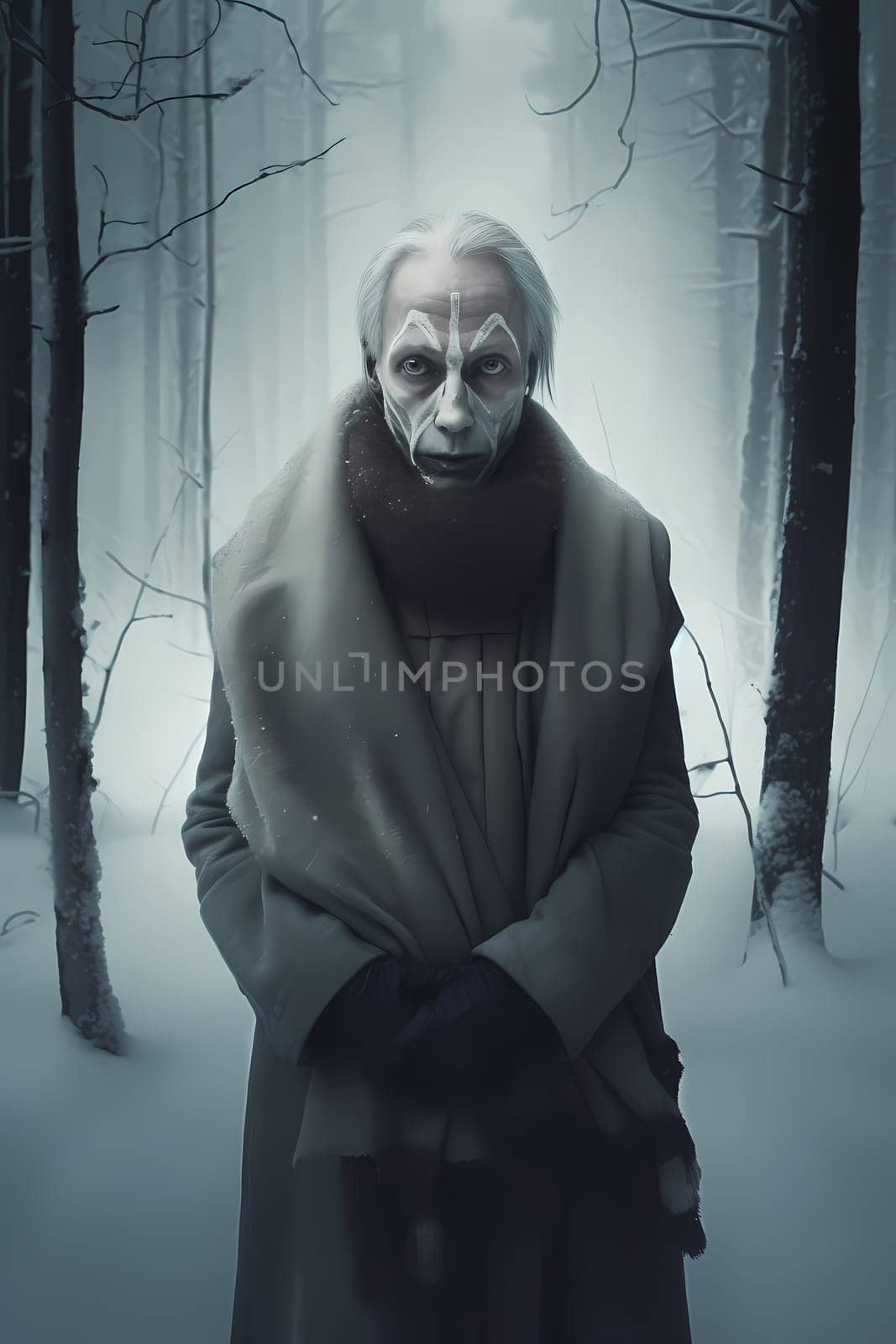 A 70-year-old European woman is being portrayed in a snowy forest. (generative AI)