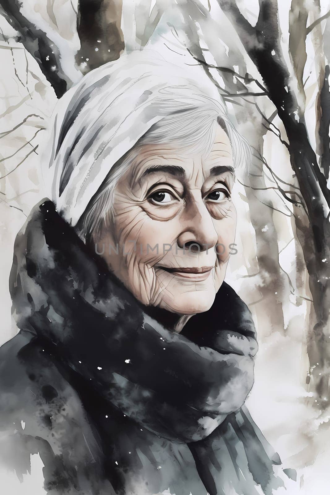 A 70-year-old European woman is being portrayed in a snowy forest. (generative AI)