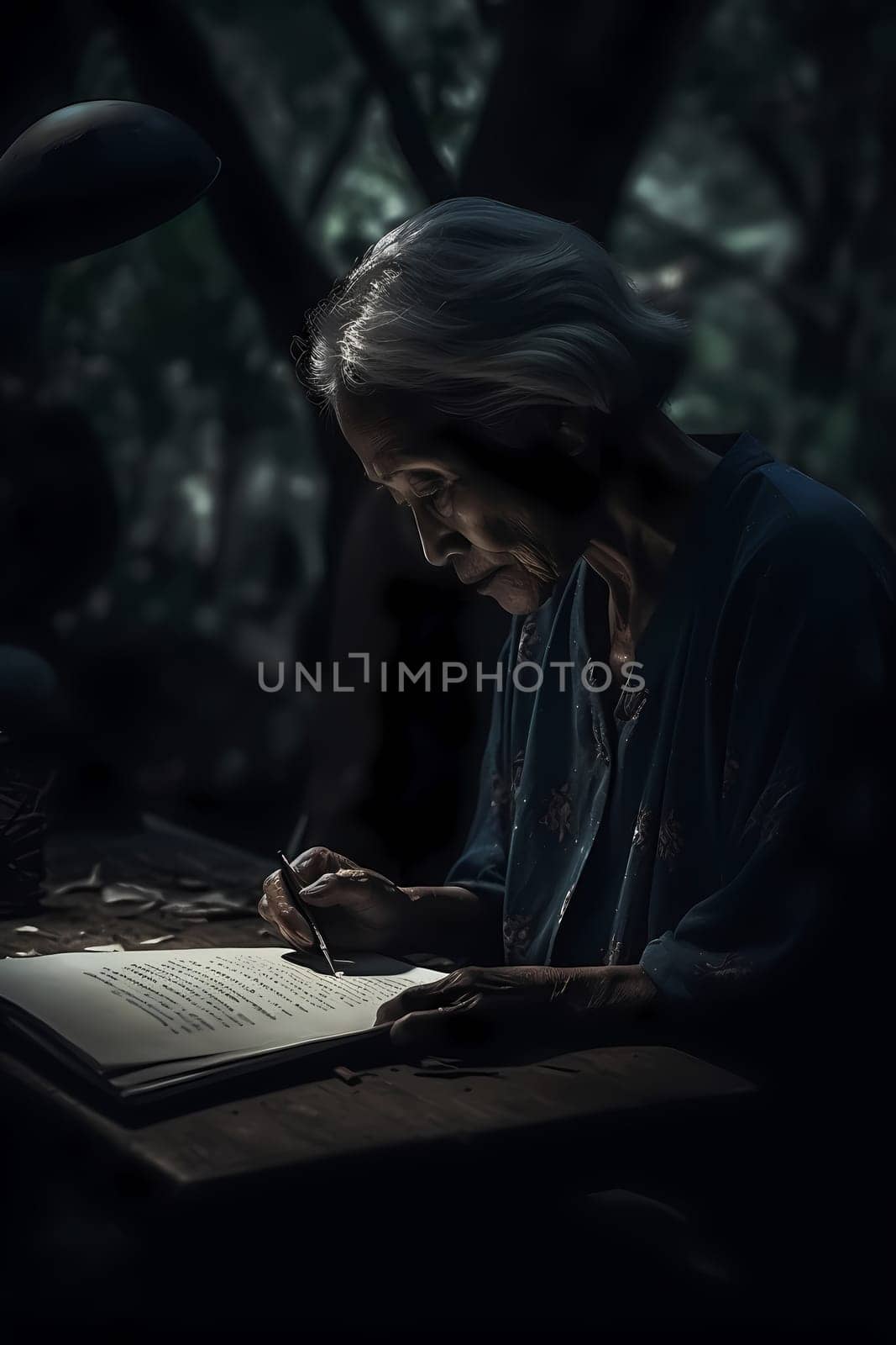A 70-year-old Japanese woman is captured immersed in a book surrounded by a traditional garden (generative AI)
