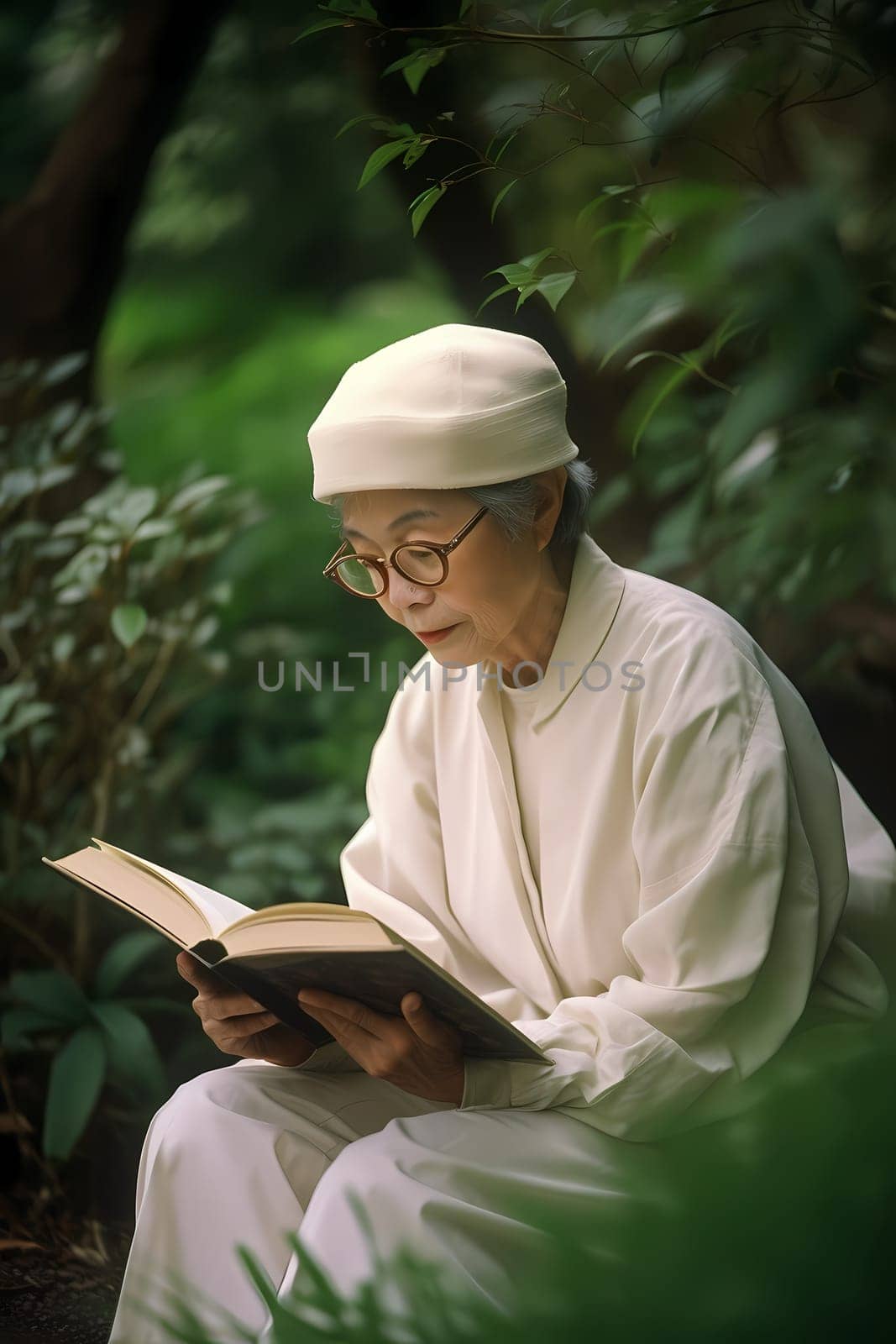 A 70-year-old Japanese woman is captured immersed in a book surrounded by a traditional garden (generative AI)