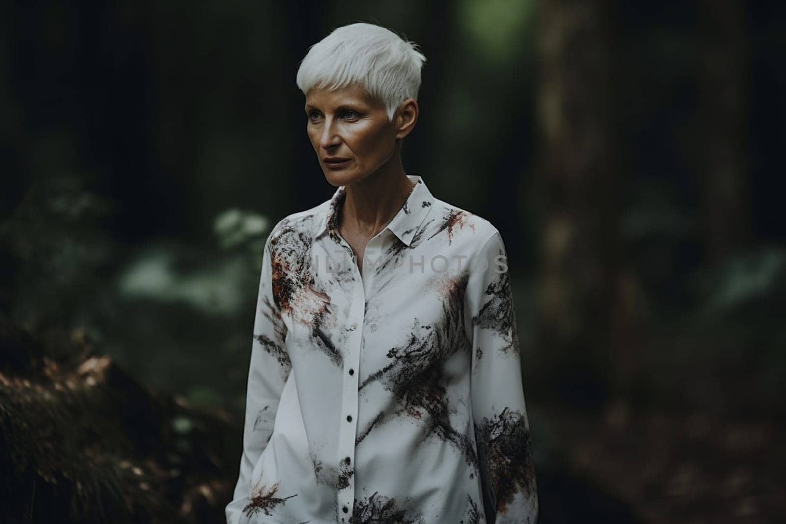 A 70-year-old European woman is being portrayed in a snowy forest. (generative AI)