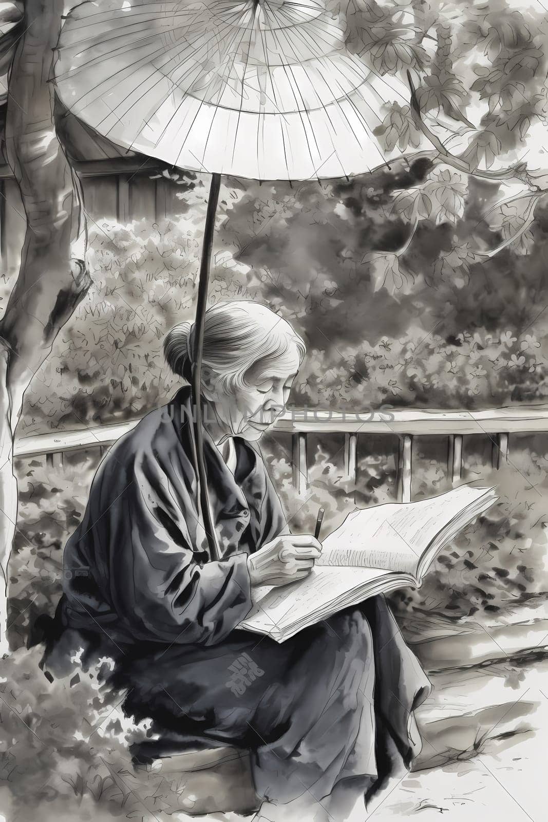 A 70-year-old Japanese woman is captured immersed in a book surrounded by a traditional garden (generative AI)