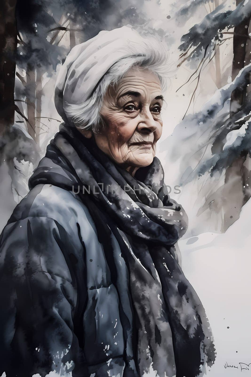A 70-year-old European woman is being portrayed in a snowy forest. (generative AI)