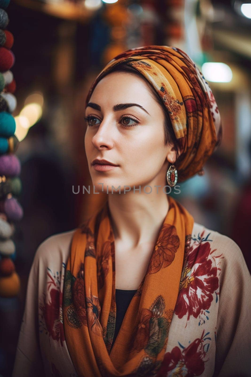 A sophisticated Middle Eastern woman of 35 years old is shopping for spices and fabrics in a vibrant traditional market. (generative AI)