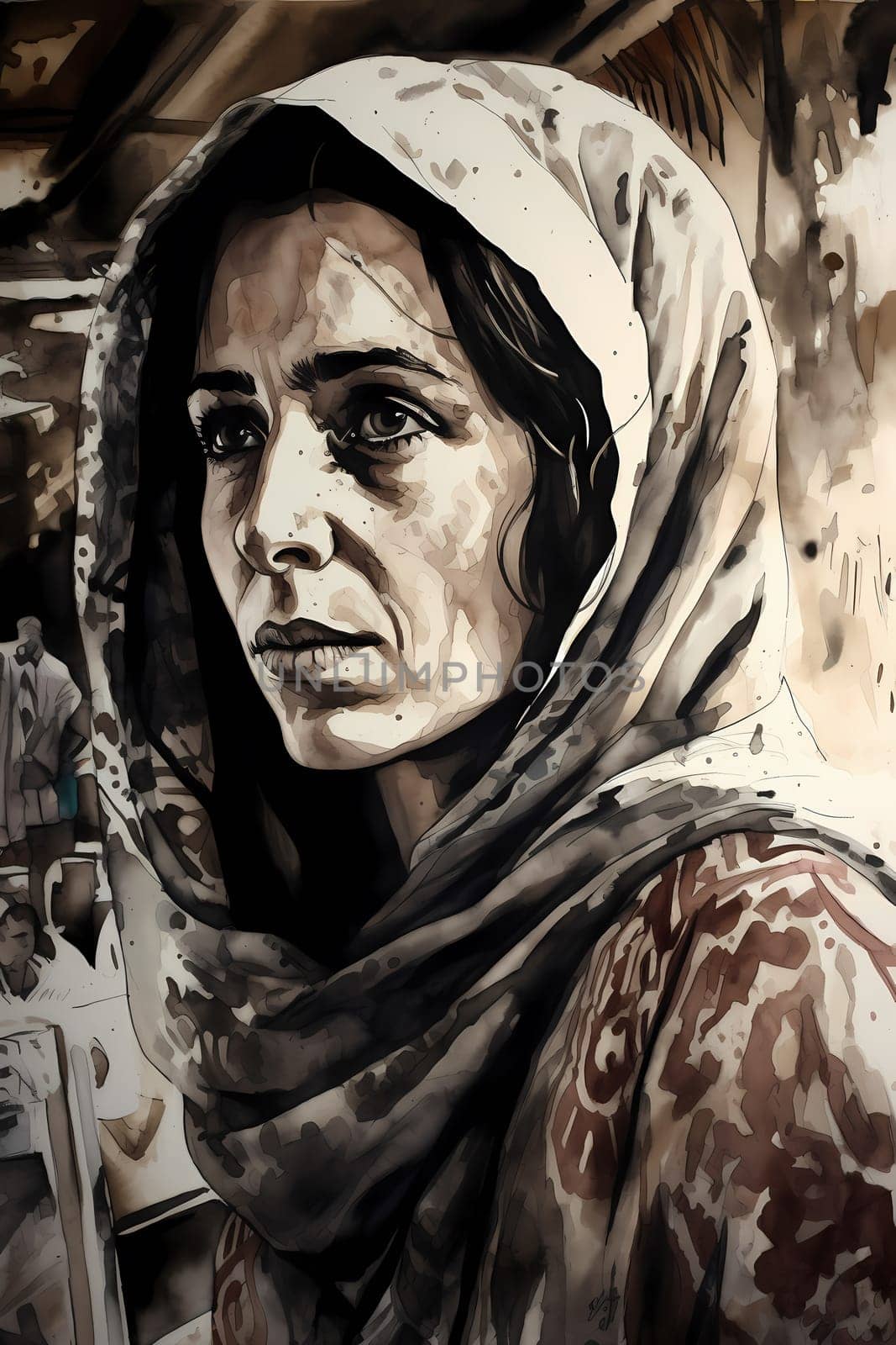 A sophisticated Middle Eastern woman of 35 years old is shopping for spices and fabrics in a vibrant traditional market. (generative AI)