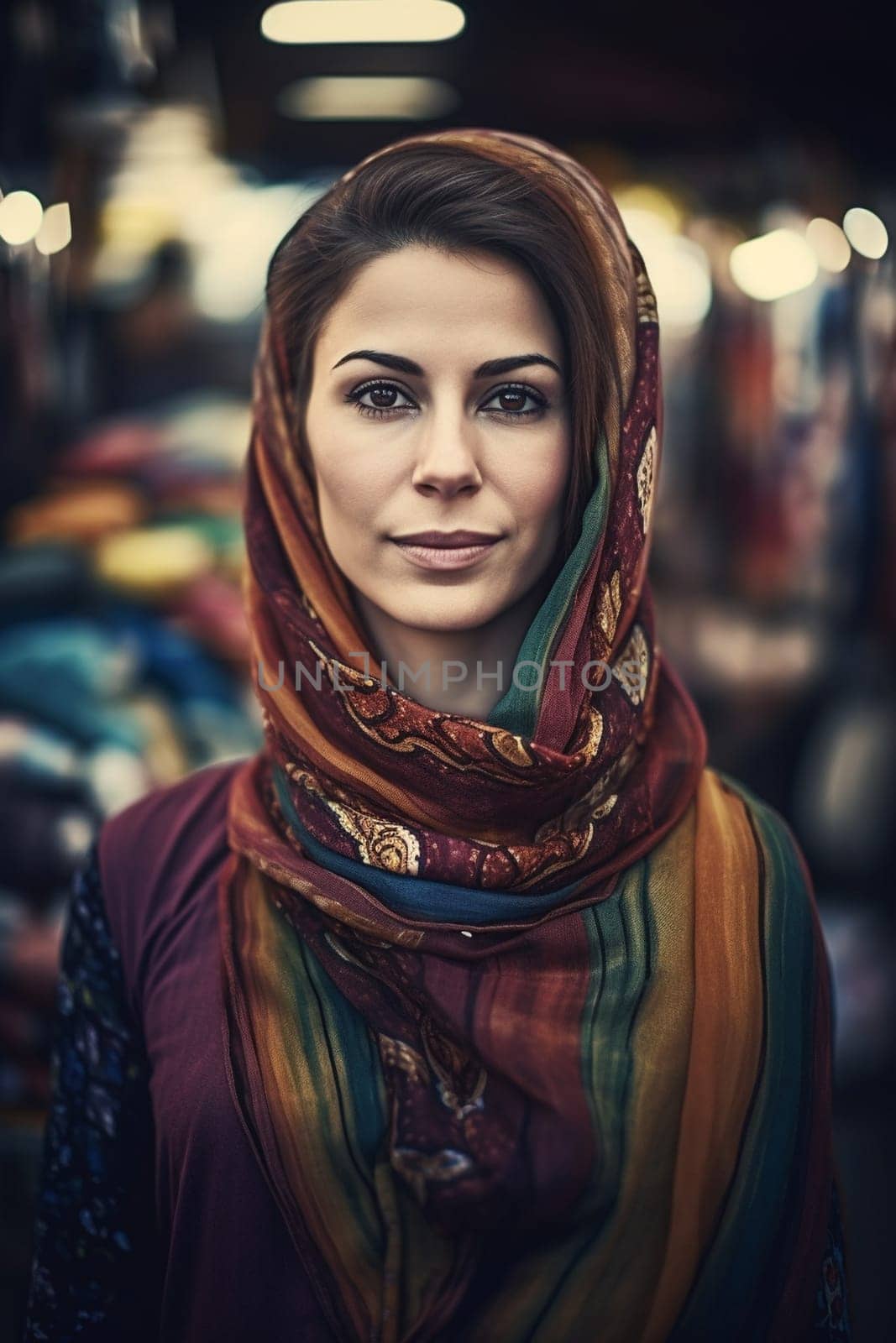 A sophisticated Middle Eastern woman of 35 years old is shopping for spices and fabrics in a vibrant traditional market. (generative AI)