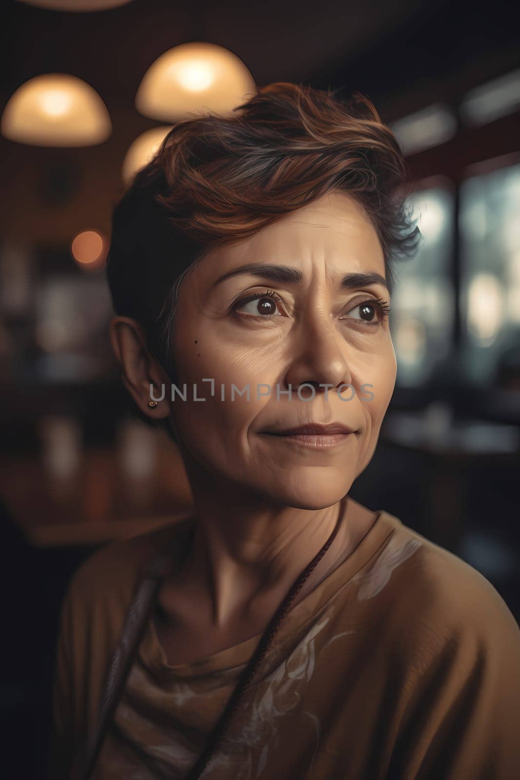 A middle-aged Latina woman is captured inside a cozy coffee shop. (generative AI)