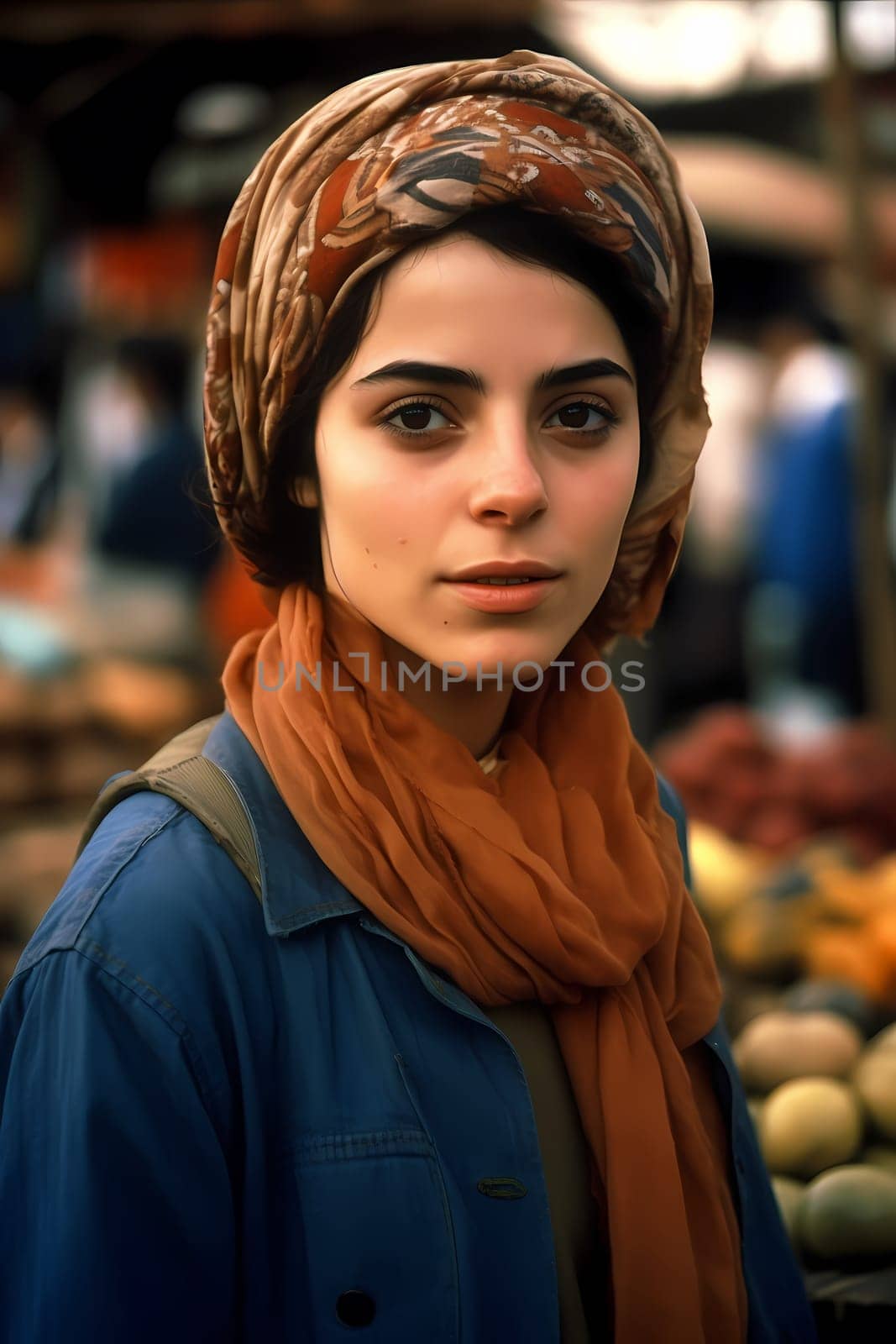 A sophisticated Middle Eastern woman of 35 years old is shopping for spices and fabrics in a vibrant traditional market. (generative AI)