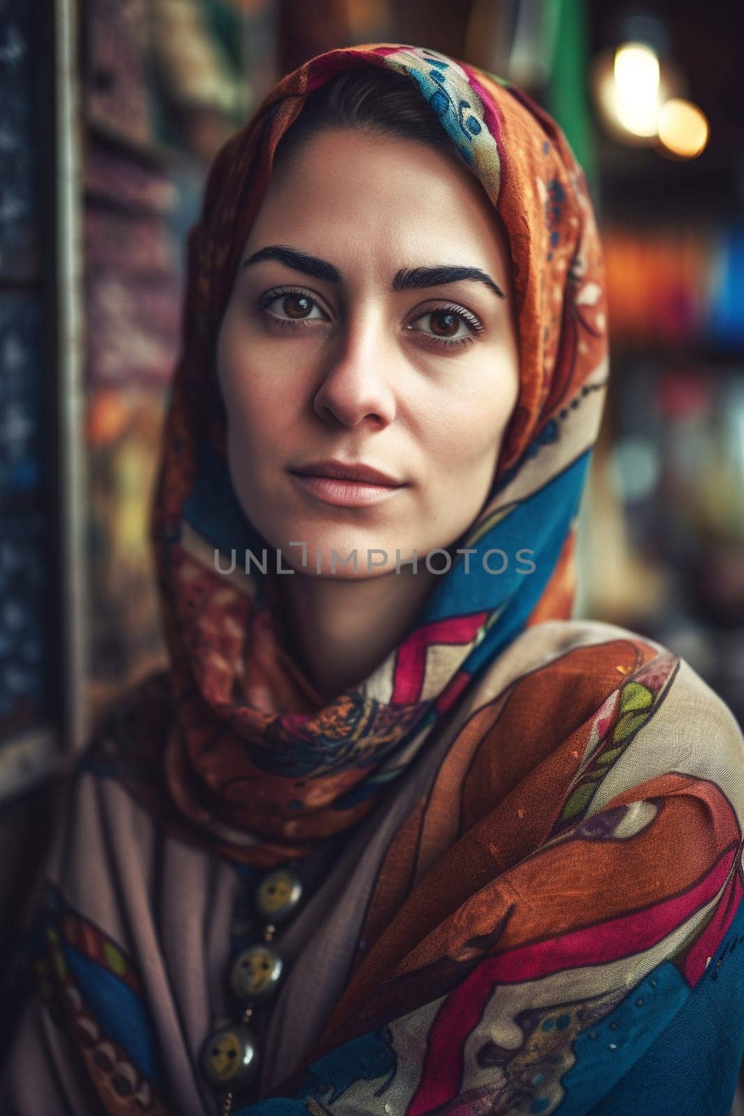 A sophisticated Middle Eastern woman of 35 years old is shopping for spices and fabrics in a vibrant traditional market. (generative AI)