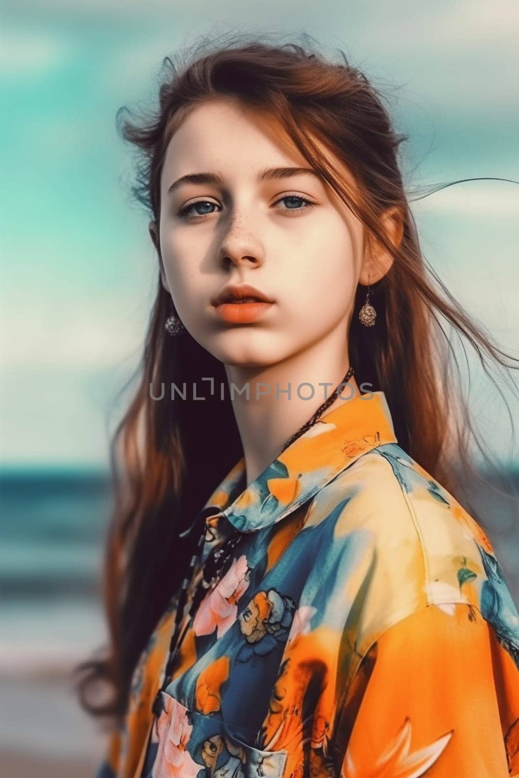 A teenage Caucasian girl is captured at a picturesque beach. (generative AI)