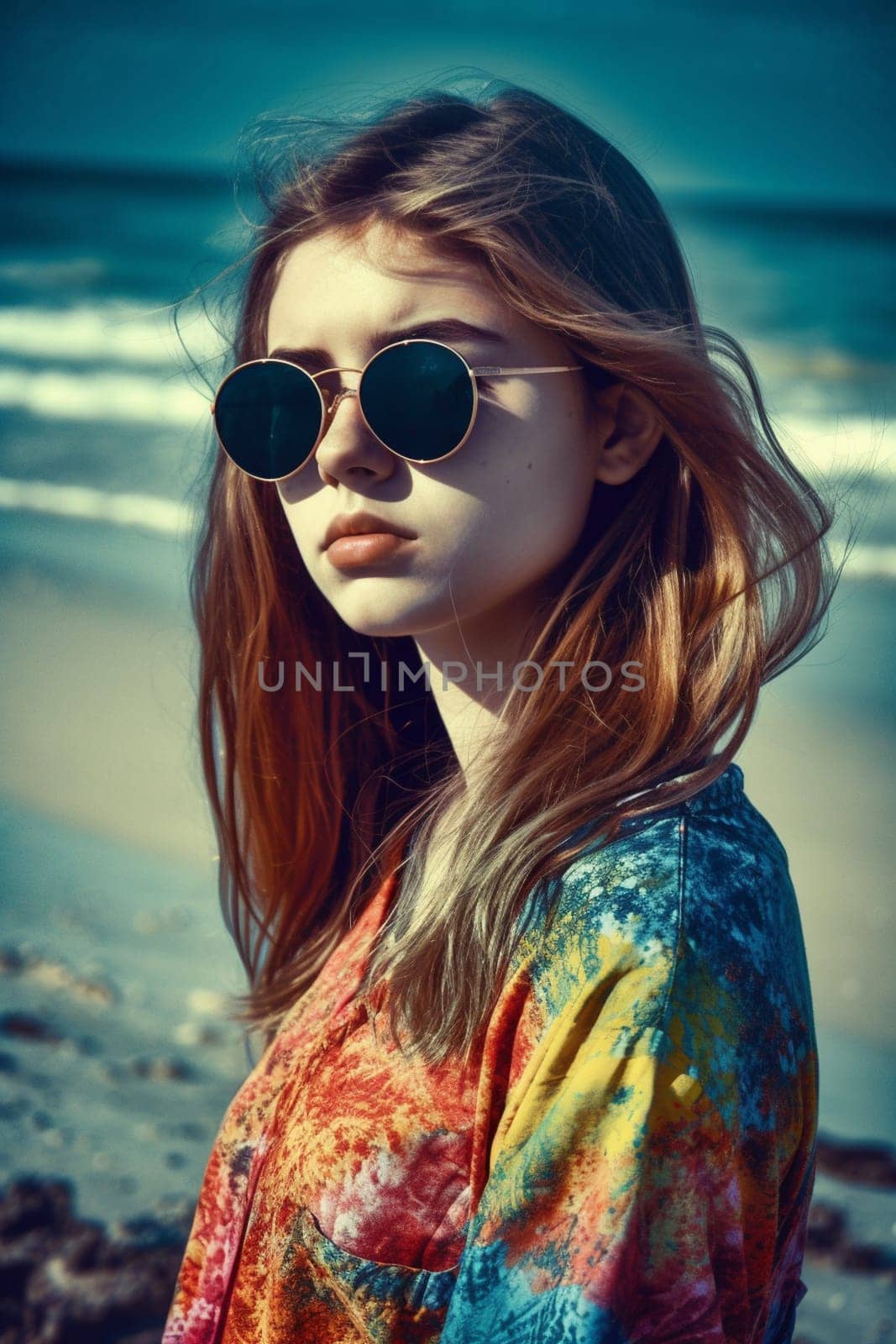 A teenage Caucasian girl is captured at a picturesque beach. (generative AI)