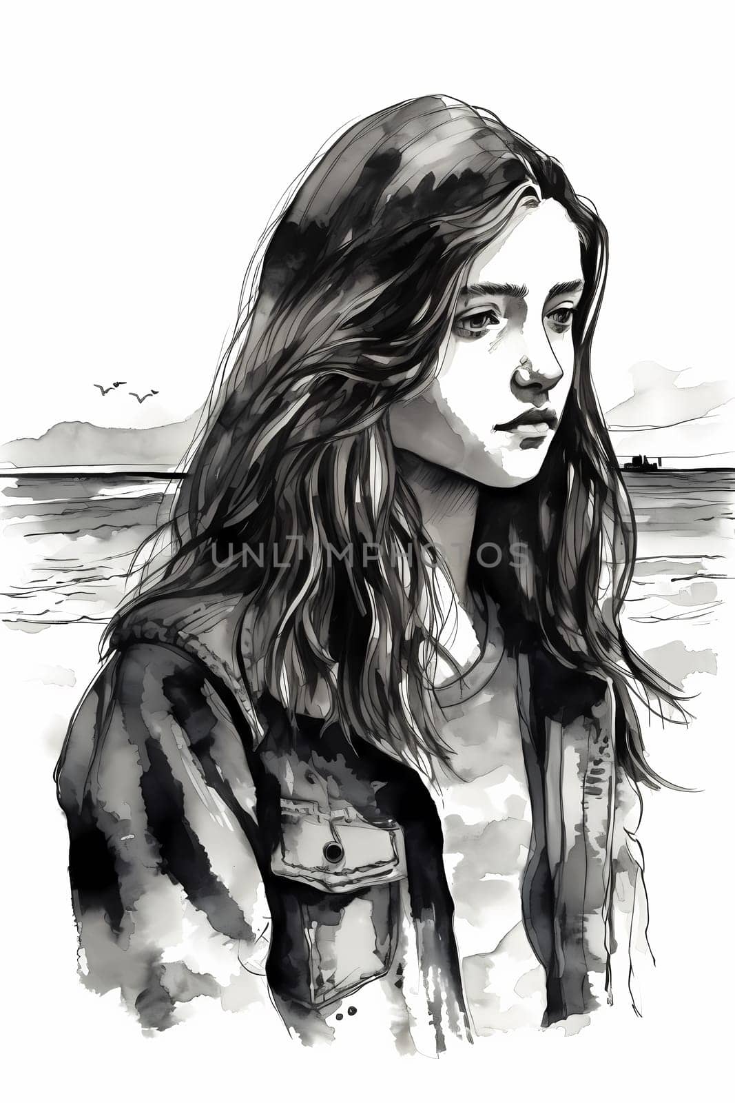 A teenage Caucasian girl is captured at a picturesque beach. (generative AI)