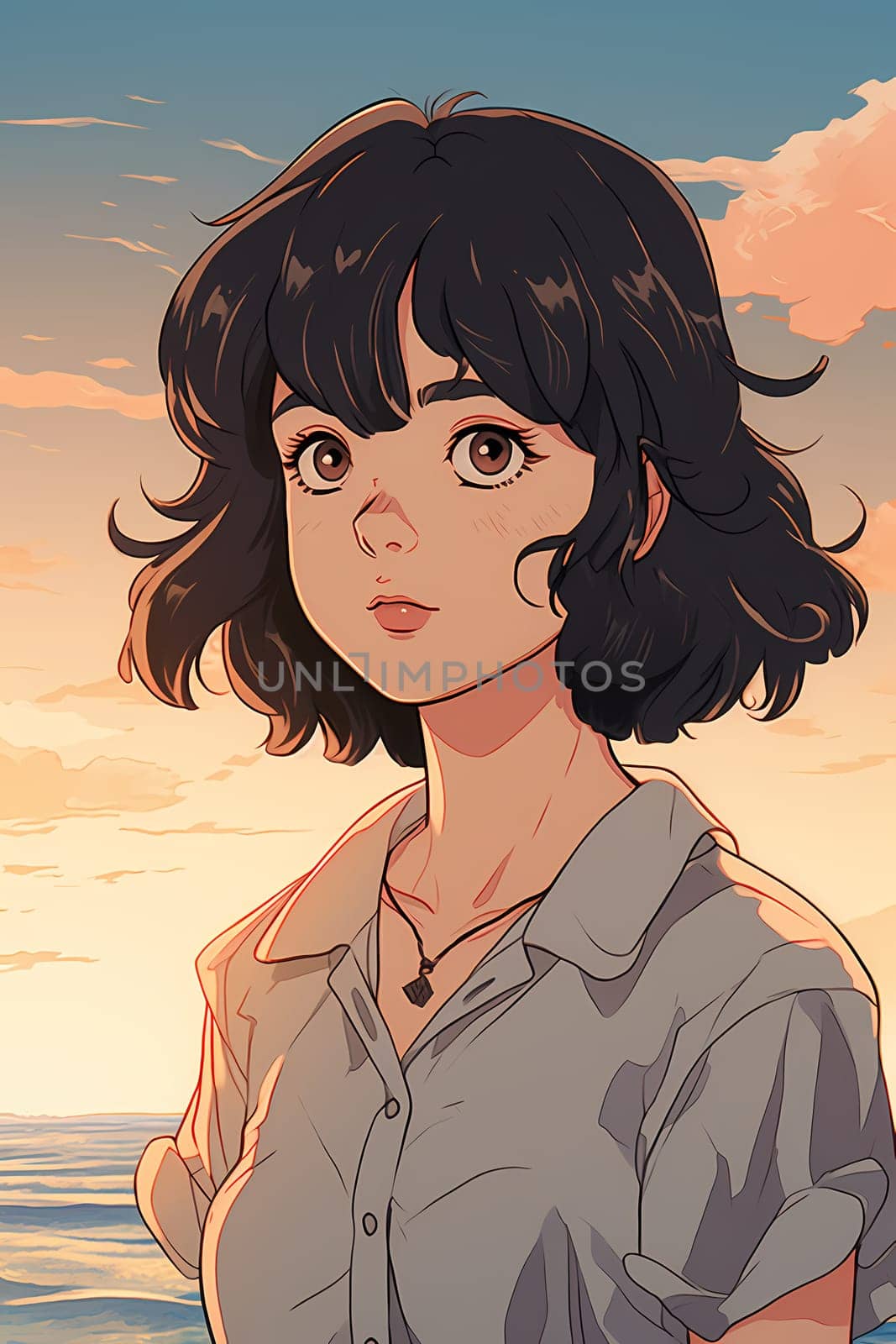 A teenage Caucasian girl is captured at a picturesque beach. (generative AI)