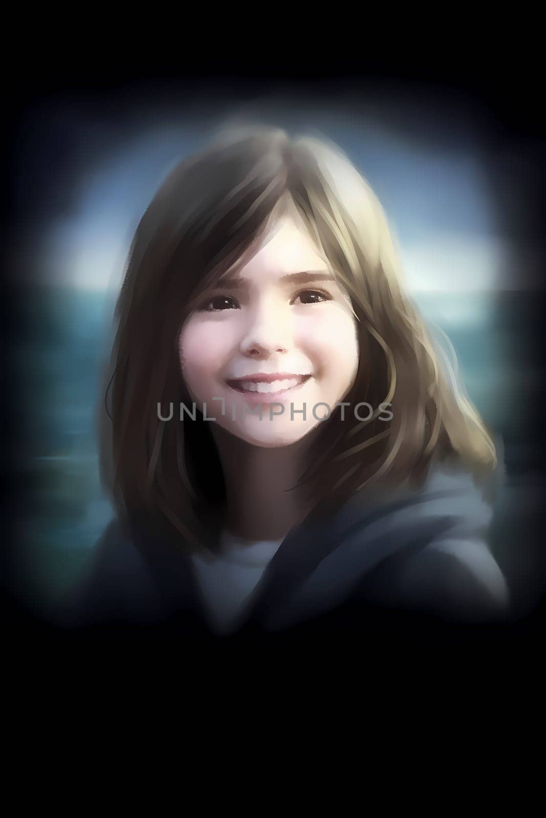 A teenage Caucasian girl is captured at a picturesque beach. (generative AI)
