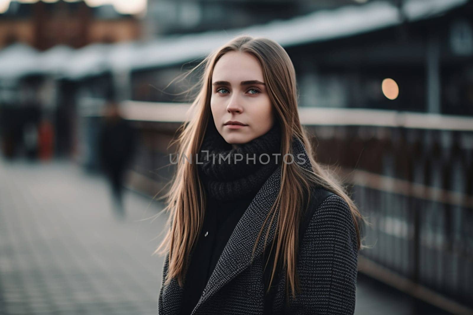 A teenage Caucasian girl is captured at a picturesque beach. (generative AI)