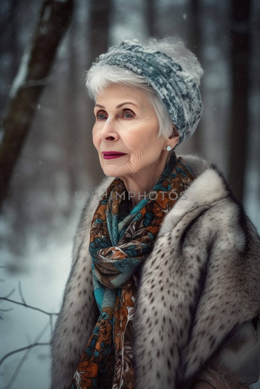 A 70-year-old European woman is being portrayed in a snowy forest. (generative AI)