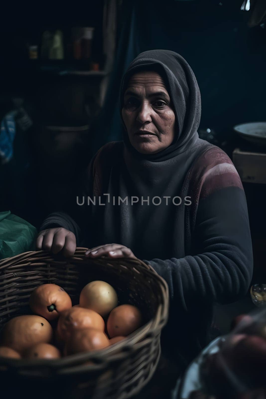 A sophisticated Middle Eastern woman of 35 years old is shopping for spices and fabrics in a vibrant traditional market. (generative AI)