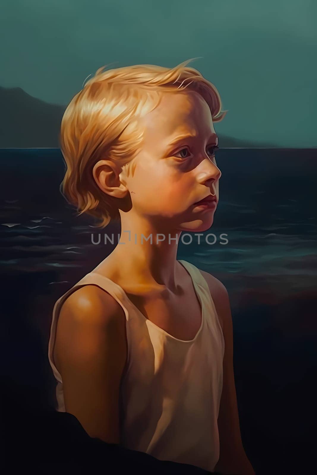 A teenage Caucasian girl is captured at a picturesque beach. (generative AI)