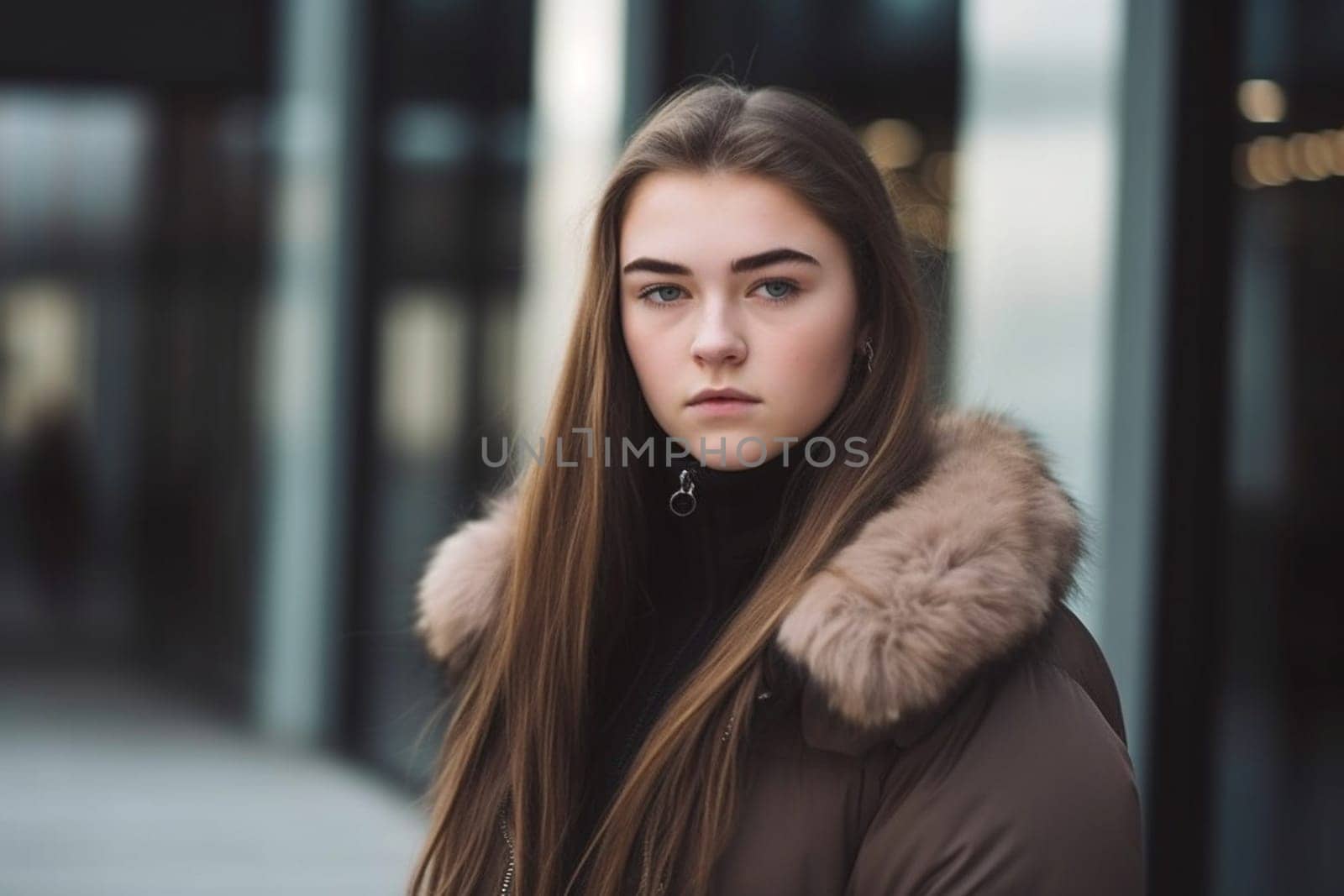 A teenage Russian girl with long red hair stands by a river with a bridge in the background. (generative AI)