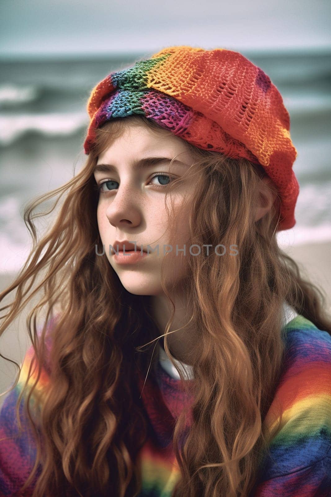 A teenage Caucasian girl is captured at a picturesque beach. (generative AI)